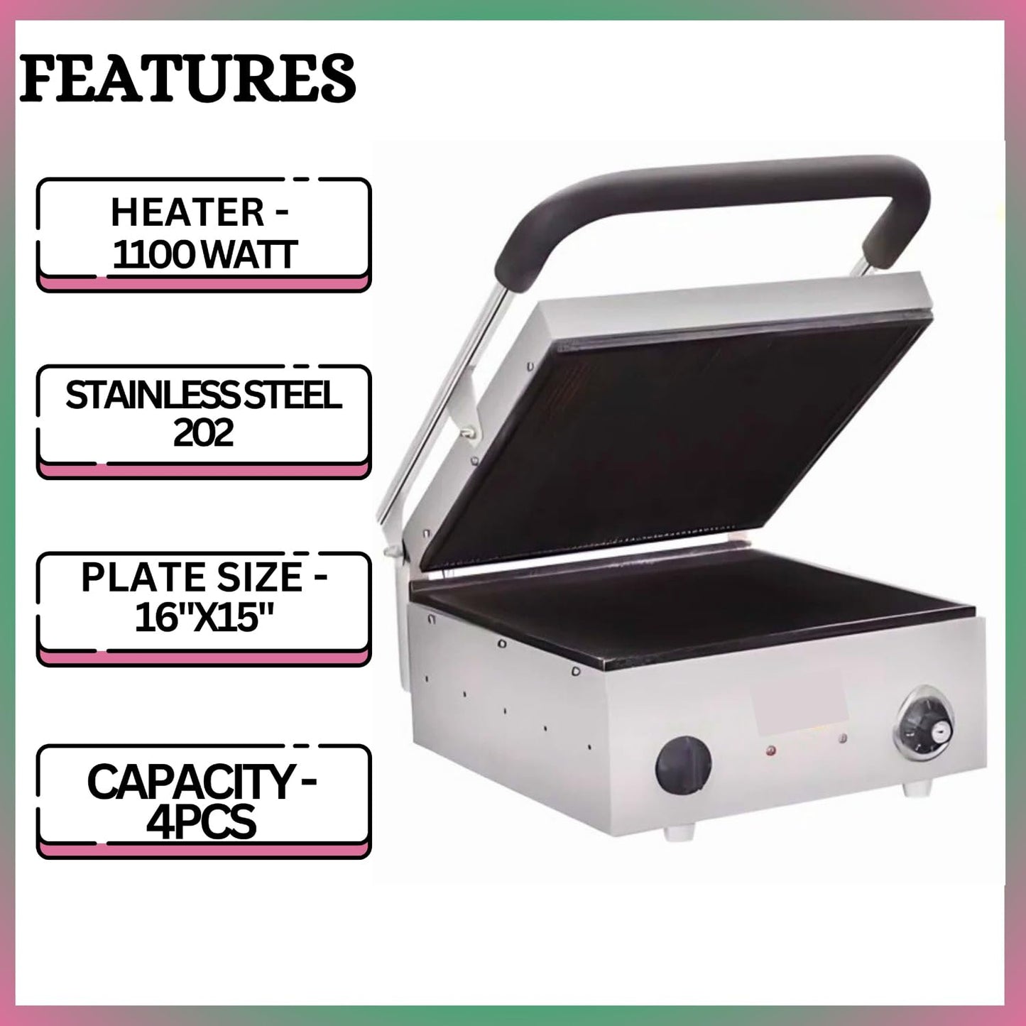 SWADESI KRAFTS Stainless Steel 202 Sandwich Griller Jumbo 1100-Watt 2 Heater| Jumbo Sandwich Grill Maker 16”X15” Inch 4pcs Sandwich | Size 20”X17”X11” Inch (LXWXH)