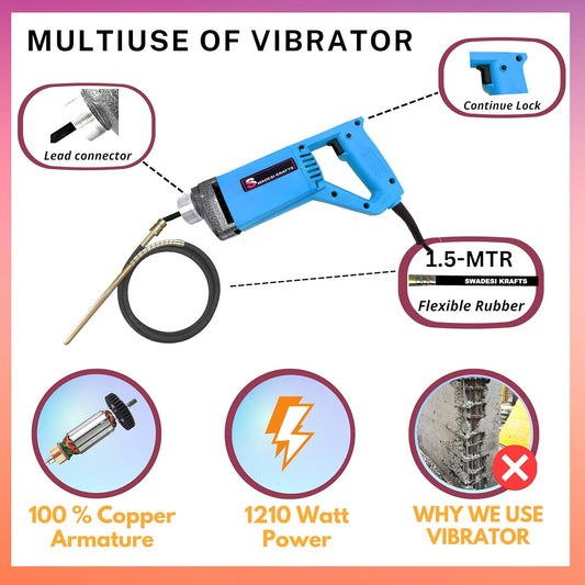 SWADESI KRAFTS 1210-WTT Concrete Vibration Machine removes lanter's trapped air Construction Tools for Labour, Copper Winded Motor with a Wire Braided 1.5 MTR Needle for Vibration