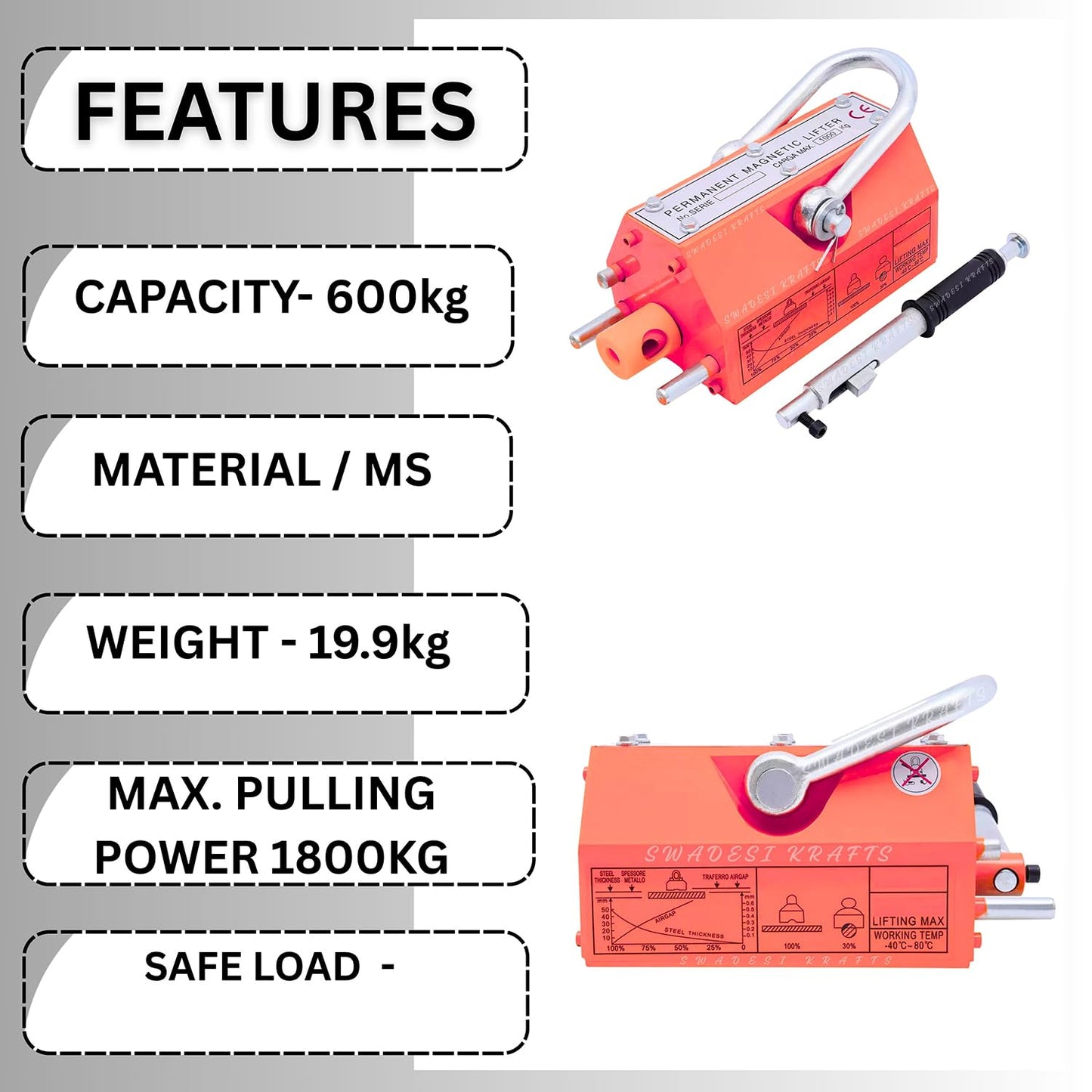 Heavy Duty Permanent Magnet Lifter Capacity 600kg Height 115mm x length246mm x bottom120mm and the Magnet Lifting Hoist for Steel Plate with MS material for magnetlifter weight 19.9kg