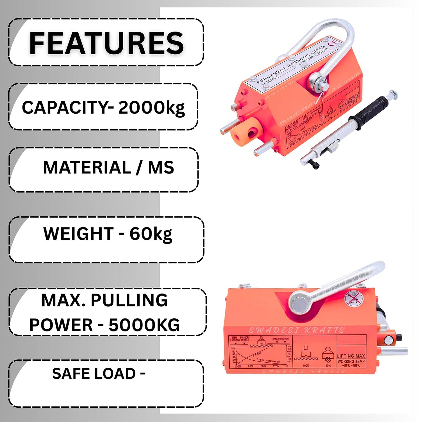 Heavy Duty Permanent Magnet Lifter Capacity 2000 kg Height 165mm x length395mm x bottom172mm and the Magnet Lifting Hoist for Steel Plate with MS material for magnet lifter weight 60kg