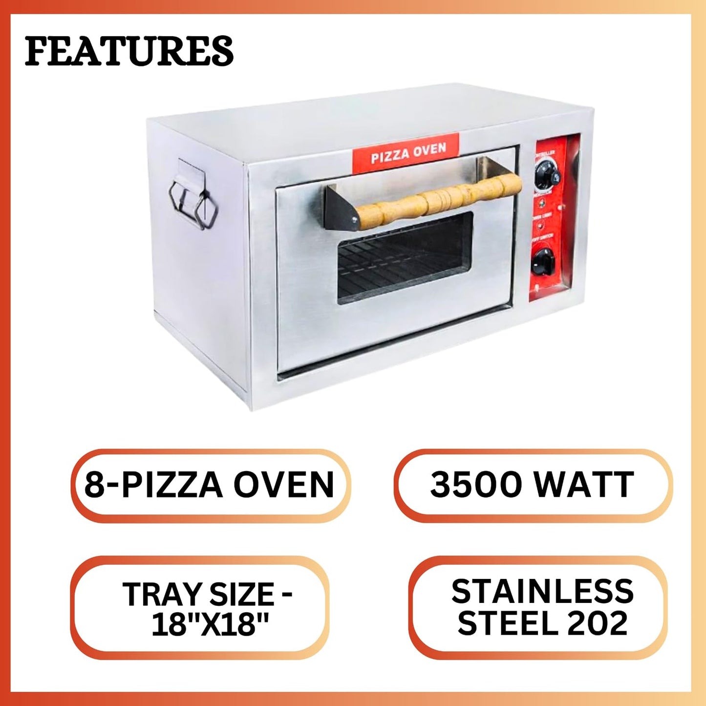 SWADESI KRAFTS stainless steel 202 pizza oven commercial use with 3500 watts, 18” x 18” inch, 8 pizza – 8-inch, best pizza oven size 22”x30” inch (LXW) and 18” inch height, its use crispy up pizza