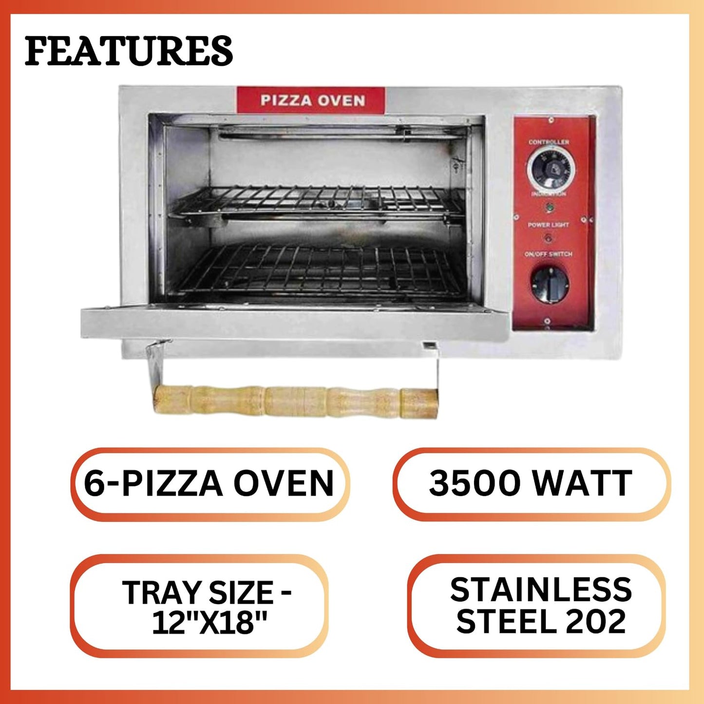 SWADESI KRAFTS stainless steel 202 pizza oven commercial use with 3500 watts, 12” x 18” inch, 6 pizza – 8-inch, best pizza oven size 16”x30” inch (LXW) and 18” inch height, its use crispy up pizza