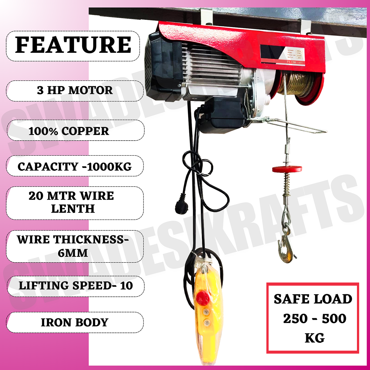 SWADESI KRAFTS 3hp PA 1000kg 20 Mtr 6mm wire Mini Electric Hoist for Heavy Material Handling With Copper Motor Single Phase | 6mm Wire Thickness | 20 meter wire Winch Construction Mini Hoist