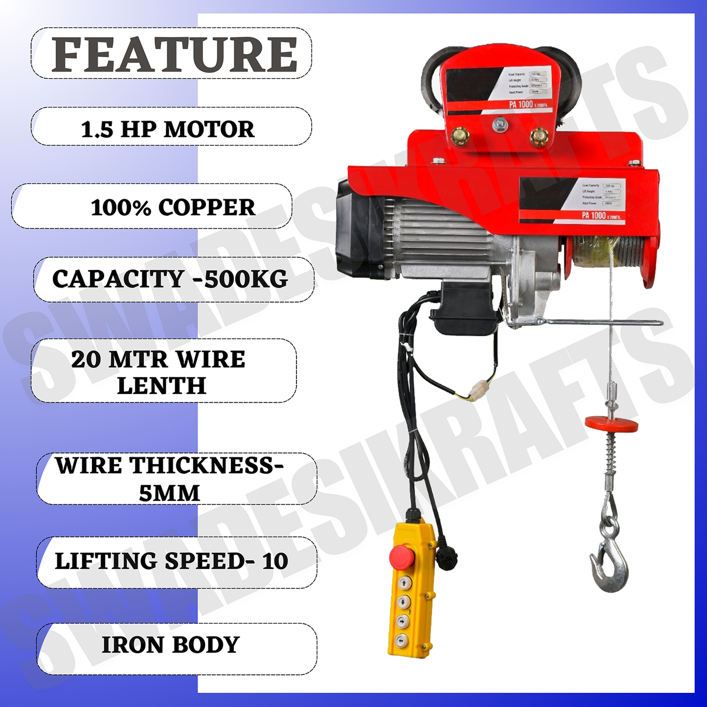 SWADESI KRAFTS PA 500kg 5mm 20Mtr Mini Electric Hoist for Material Handling 1.5hp Motor Single Phase | Winch Construction Mini Hoist 100% Copper Motor (Left & Right AND Up & Down)
