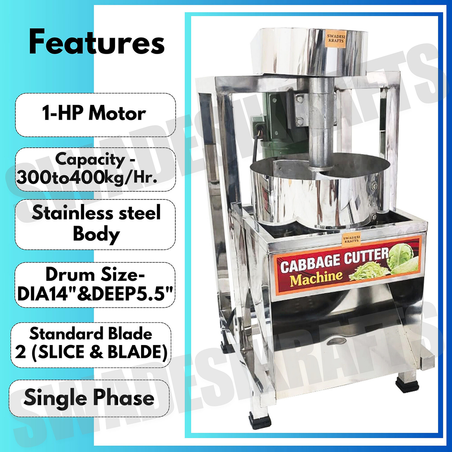 SWADESI KRAFTS Commercial Cabbage Cutting Machine for Hotel with 1hp Motor | Vegetable Cutter Machine for Kitchen is Capacity is 500-600kg/Hr A1