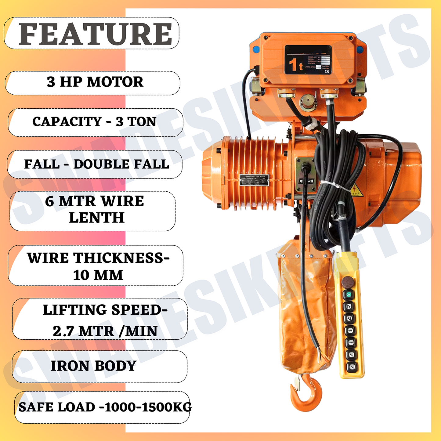 SWADESI KRAFTS 2HP Three Phase Electric Chain Hoist with Electric Trolley 3Ton Capacity Double Fall Working Height 6meter Load Chain 10mm Safe load 1000-1500kg Lifting Speed2.7meter/min MotorizedHoist