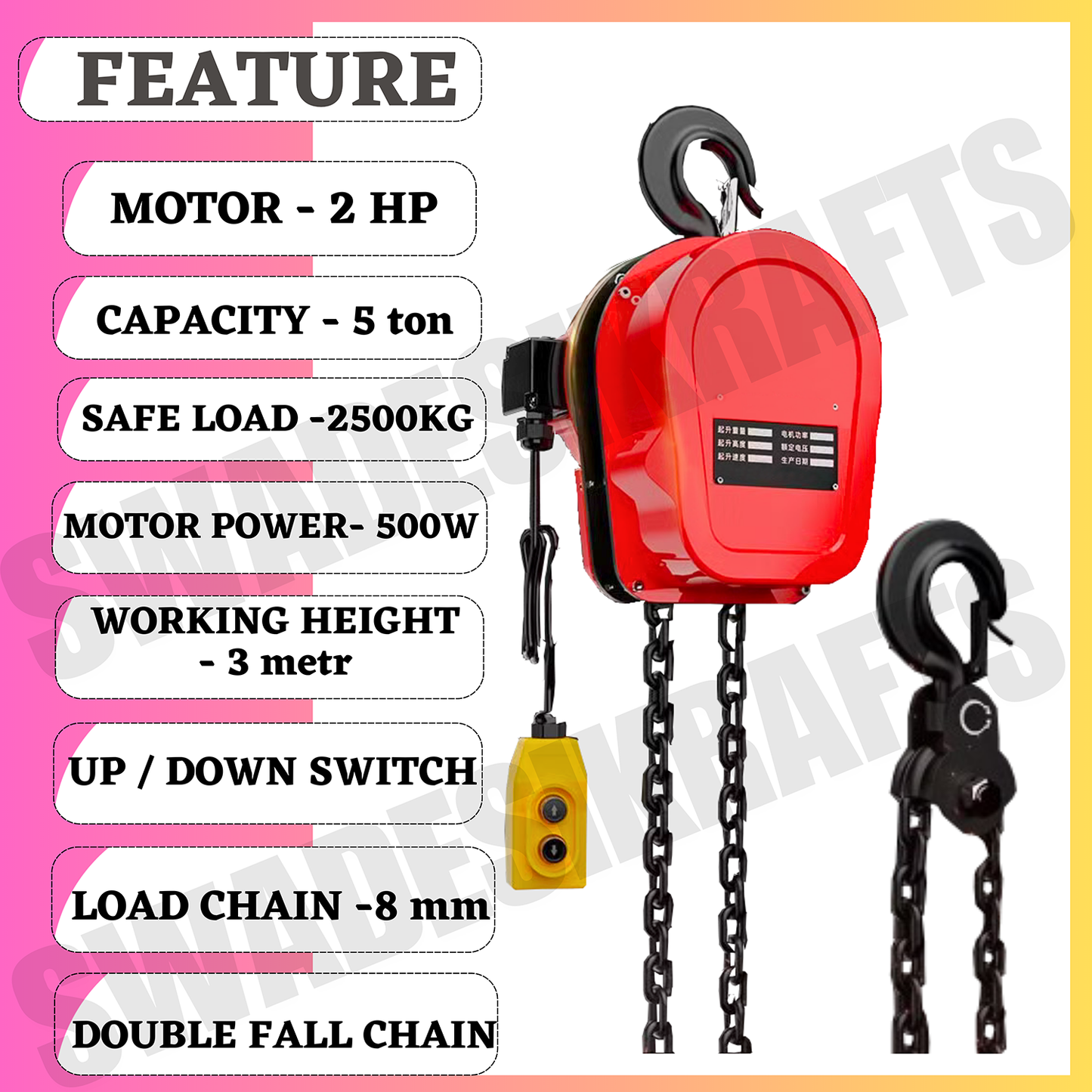 SWADESI KRAFTS 2HP DHY Three phase Electric Chain Hoist 5Ton Capacity Heavy Duty Double Fall Working Height 3meter Load Chain 10mm Lifting Speed 1.1meter/min with 500w Motorized Chain Pulley Block.
