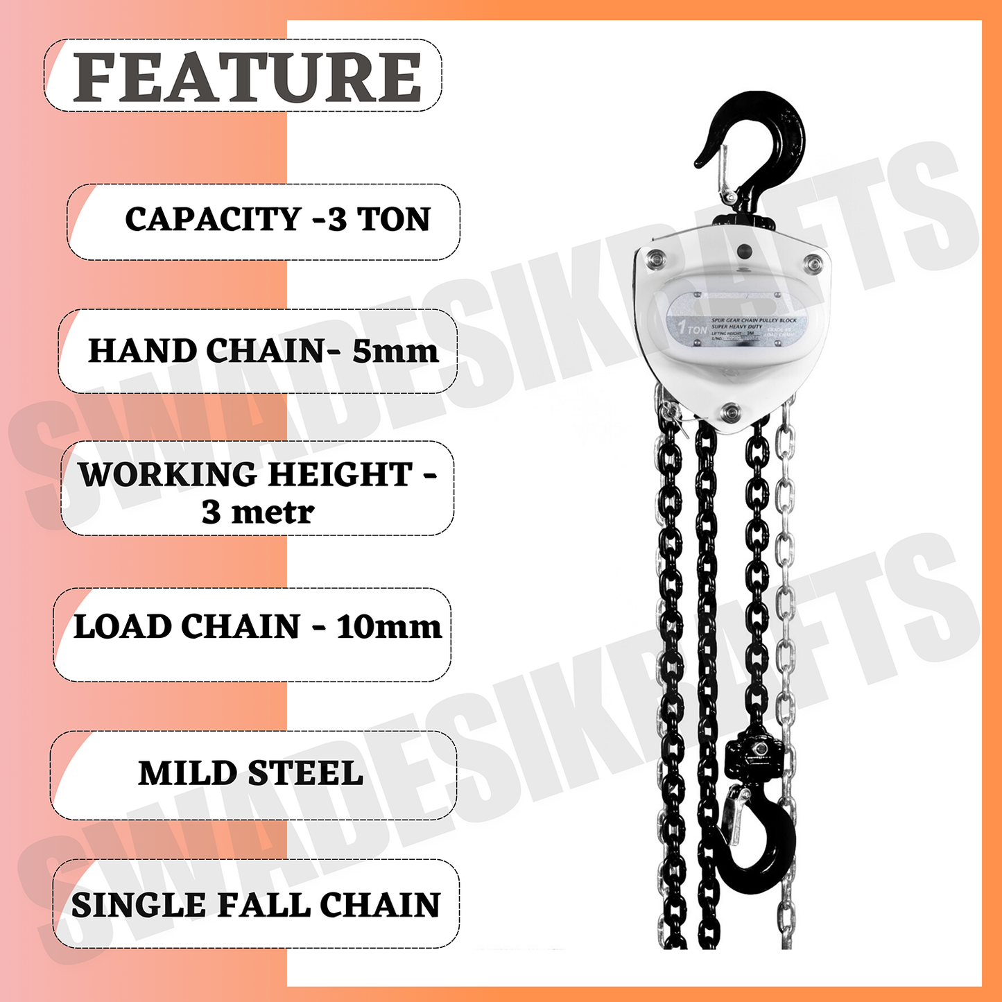 SWADESI KRAFTS BWSeries Chain Pulley Block 3ton Capacity Heavy Duty Single Fall Working Height 3meter Manual Hand Chain 10mm Load Chain 6mm Chain Block For Material Movement Hand Operating Chain Block