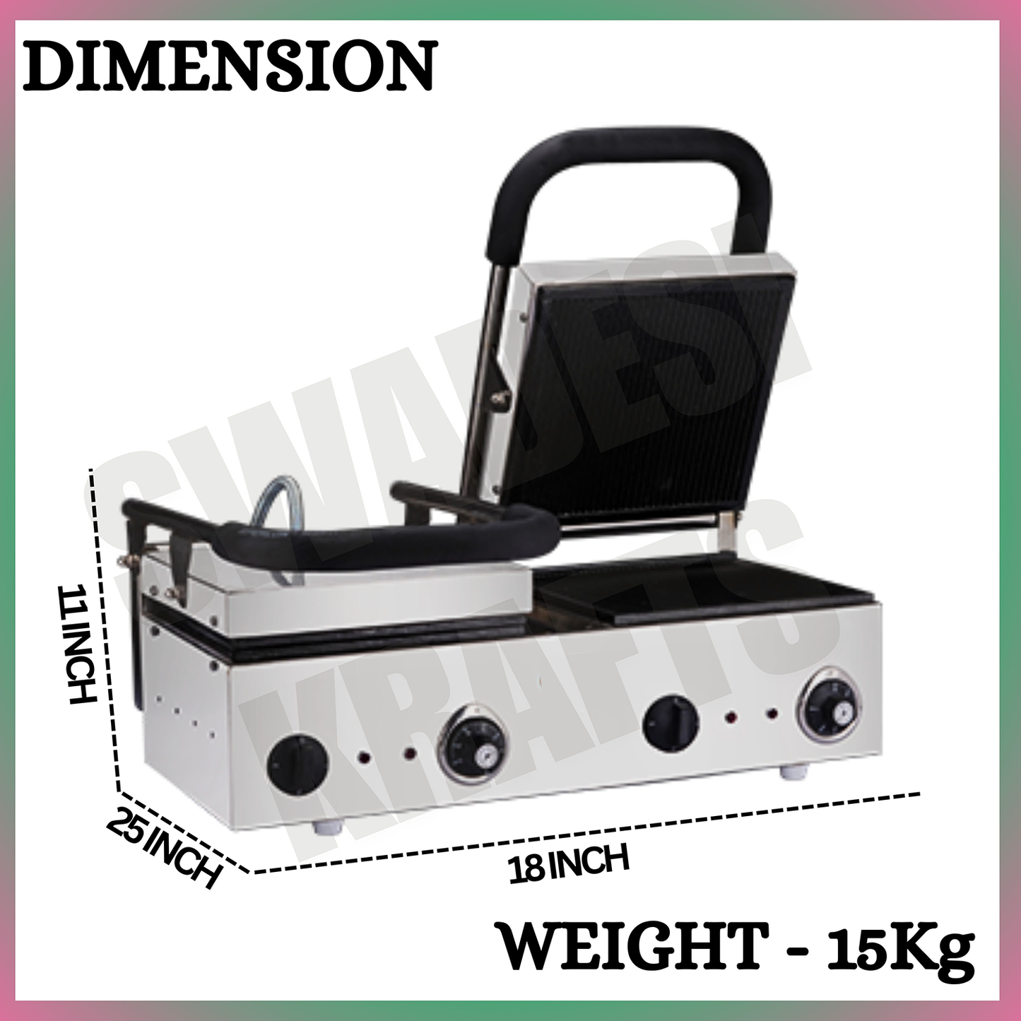 SWADESI KRAFTS Stainless Steel 202 Double Sandwich Griller 1100-Watt 4 Heater| Double Sandwich Maker 11”X12” Inch 8pcs Sandwich | Size 18”X25”X11” Inch (LXWXH)