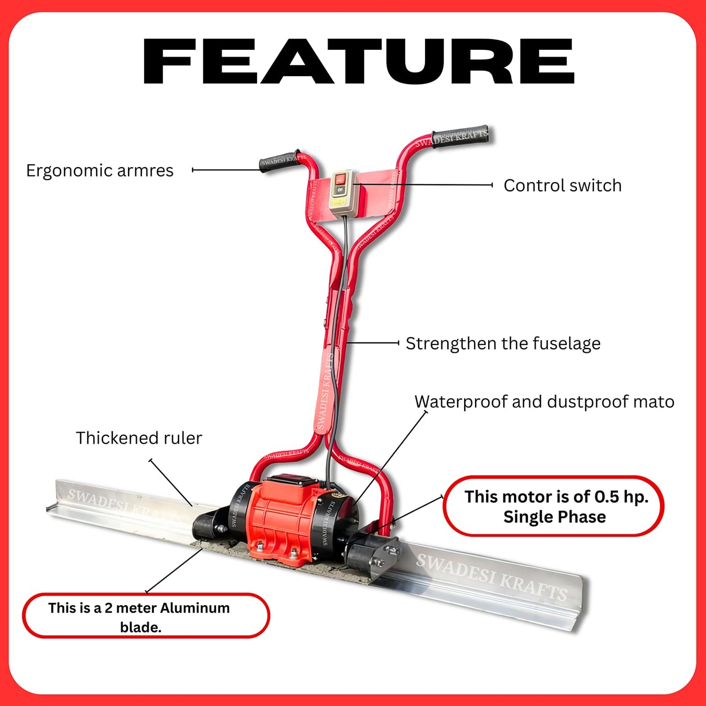 Electric Concrete Screed Vibrator Machine with 0.5 HP Motor | 2mtr Aluminium Surface Leveling Tool | Portable Power Screed for Road, Slab & Floor Finishing | Heavy Duty Construction Equipment