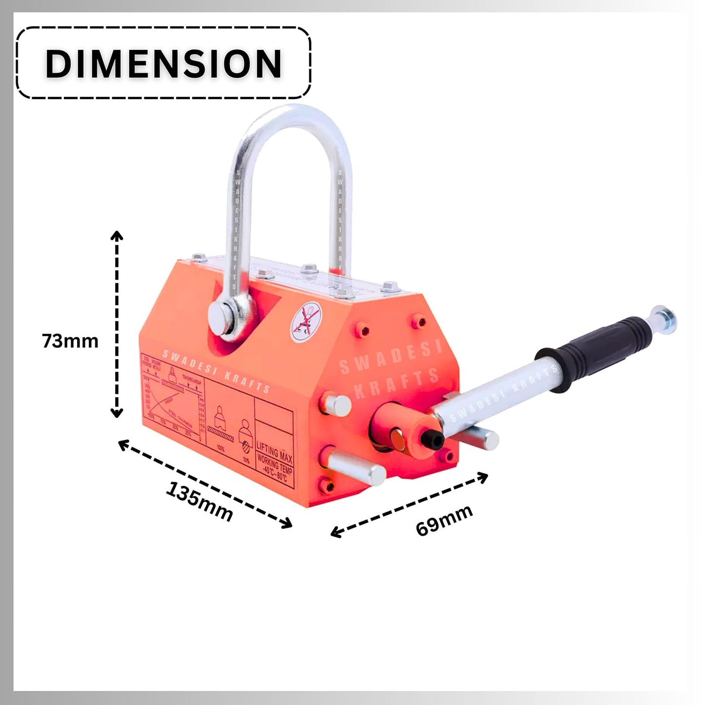 Heavy Duty Permanent Magnet Lifter Capacity 200kg Height 73mm x length 135mm x bottom 69mm and the Magnet Lifting Hoist for Steel Plate with MS material for magnet lifter weight 4kg