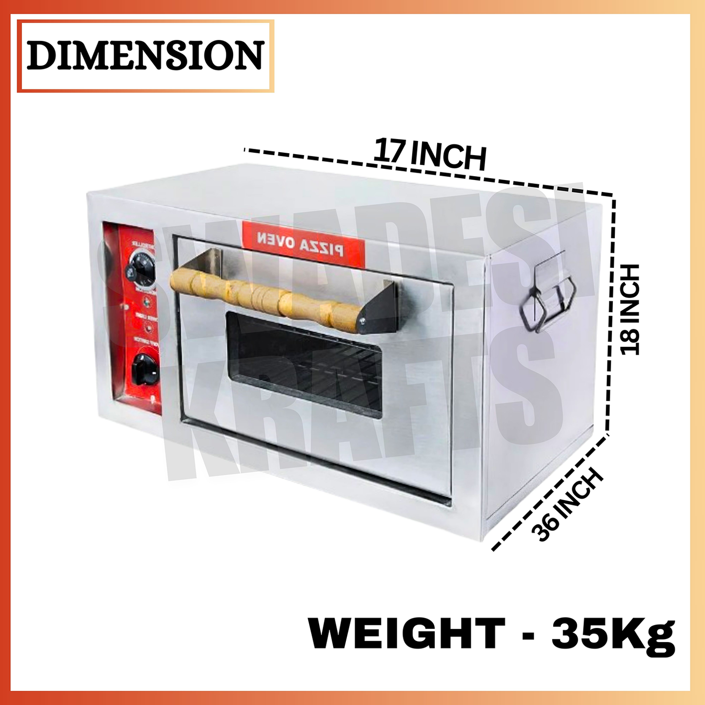 SWADESI KRAFTS stainless steel 202 pizza oven commercial use with 3500 watts, 13” x 25” inch, 4 pizza – 8-inch, best pizza oven size 17”x36” inch (LXW) and 18” inch height, its use crispy up pizza