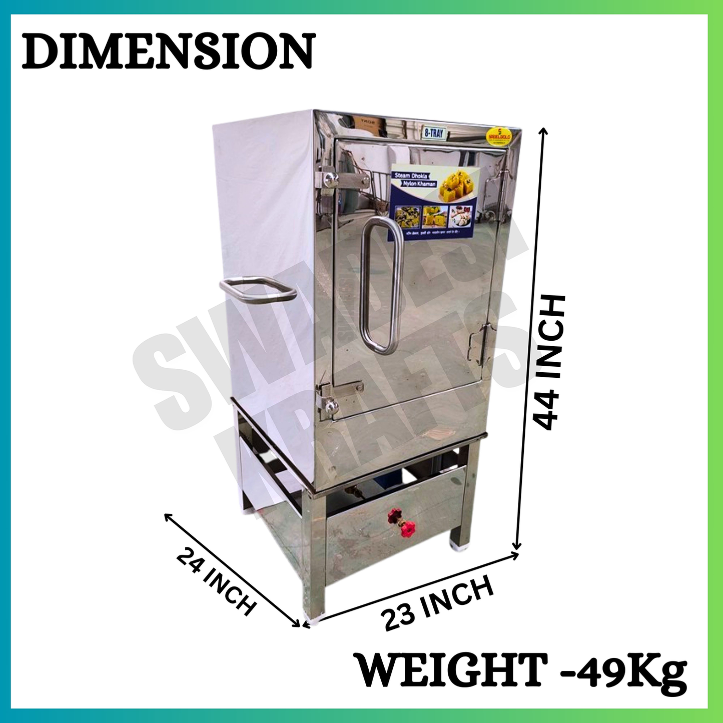 SWADESI KRAFTS Commercial Dhokla Maker with Steamer Stainless Steel Body With 8 Tray Size 14x18x1.25-Inch Idli Making Machine Commercial Size 23x24x44-Inch (LXWXH) Used For Idli and Dhokla Steamers