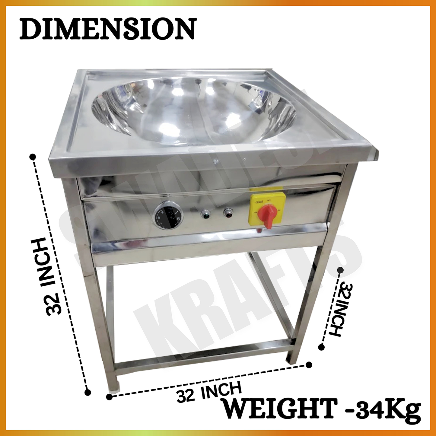 SWADESI KRAFTS Electric Kadai Commercial Stainless-Steel 202 Body With 3000 + 4000 Double Heater Commercial Fryer Electric Size 32”X32”X32” Inch (LXWXH) Used for Fry Like Samosa, Kachori
