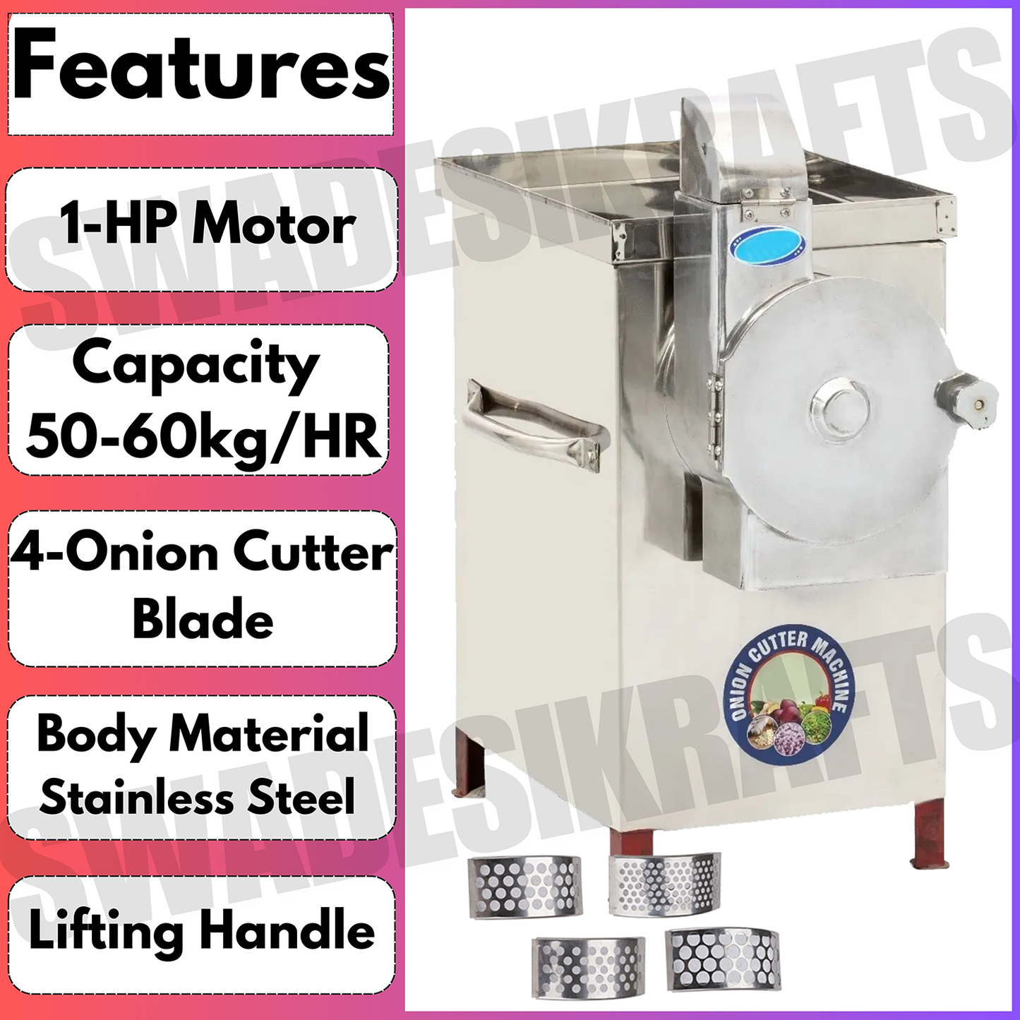 SWADESI KRAFTS Onion Cutter Machine Electric Big Hotel | Stainless Steel Vegetable Cutter Machine Commercial Comes With 1HP Motor Capacity 50-60kg/Hr. Onion, Chilly, Cabbage Other Vegetable Product A3