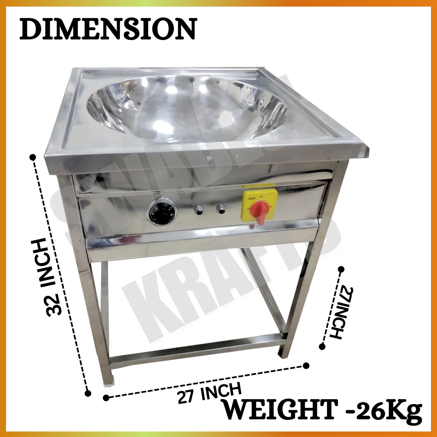 SWADESI KRAFTS Electric Kadai Commercial Stainless-Steel 202 Body With 3000 + 3000 Double Heater Commercial Fryer Electric Size 27”X27”X32” Inch (LXWXH) Used for Fry Like Samosa, Kachori