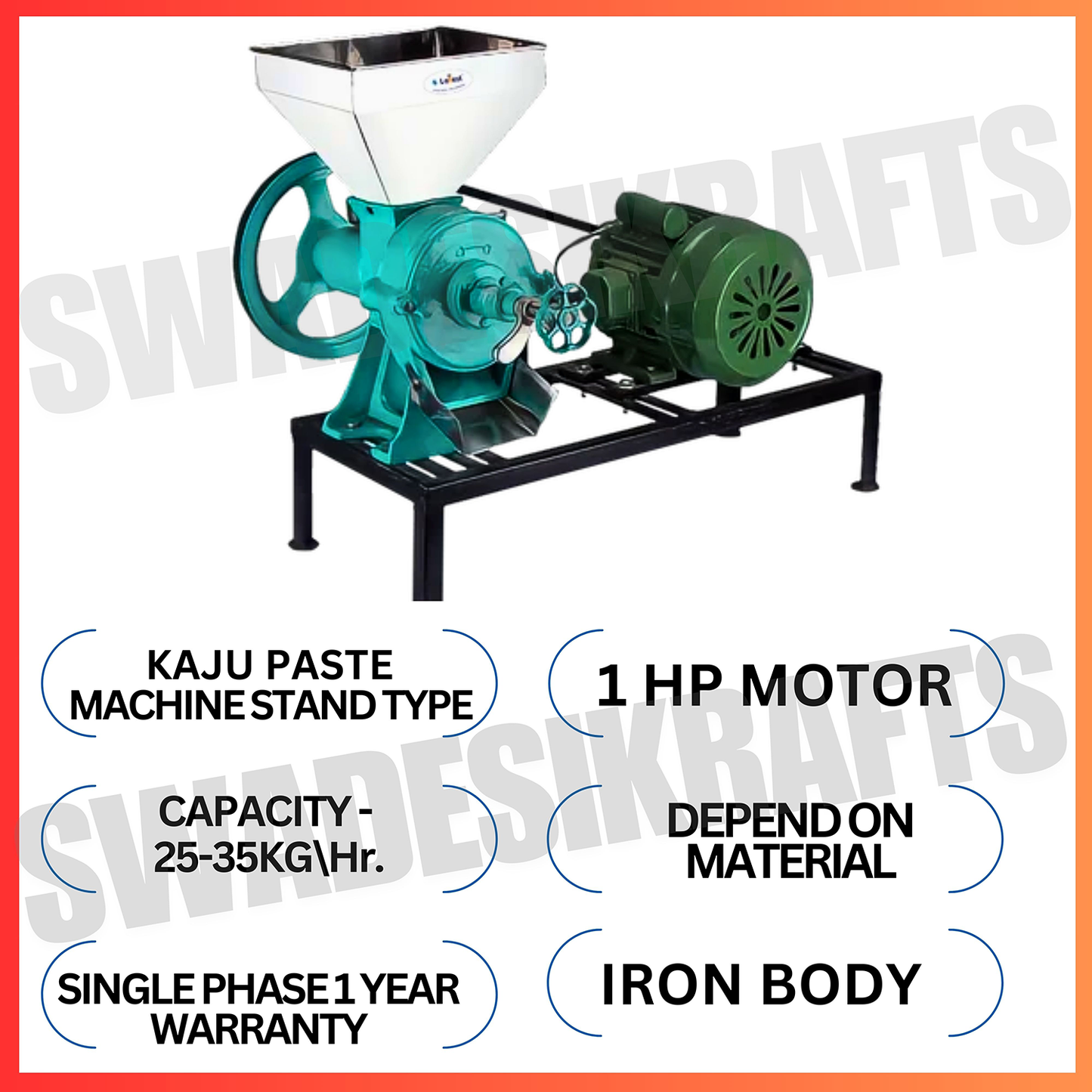 SWADESI KRAFTS Stainless Steel Kaiju Paste Making Machine with 1 HP Motor| Wet DAL Grinder Machine Capacity 25-35Kg Depend on Material Used to Make Thick Paste