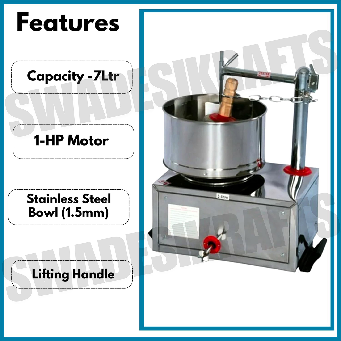 Swadesi Krafts 7ltr Stainless Steel Wet Grinder Machine with 1-Hp Motor for Kitchen | Hotel | Restaurant (Commercial Use Only) to Wet Dal, Rice, Dosa, Idle