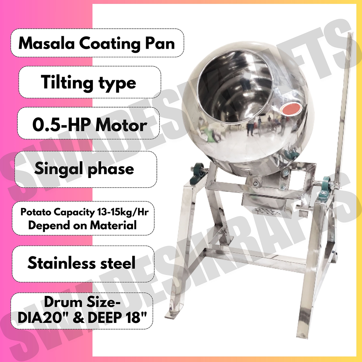 SWADESI KRAFTS Stainless-Steel Tilting Masala Coating Pan Machine With 0.5-Hp Motor | Chips Fryums Snacks Flavoring Machine D3