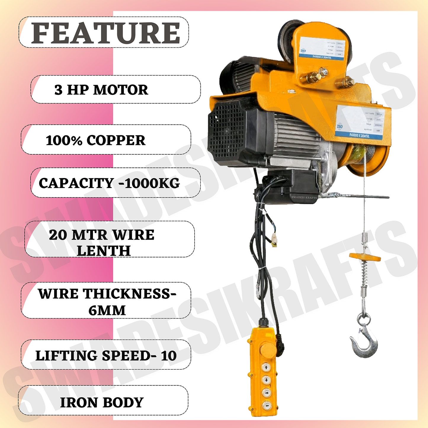 SWADESI KRAFTS PA1000kg 6mm 20Mtr Mini Electric Hoist for Material Handling 3hp Motor Single Phase | Winch Construction Mini Hoist 100% Copper Motor (Left & Right AND Up & Down)