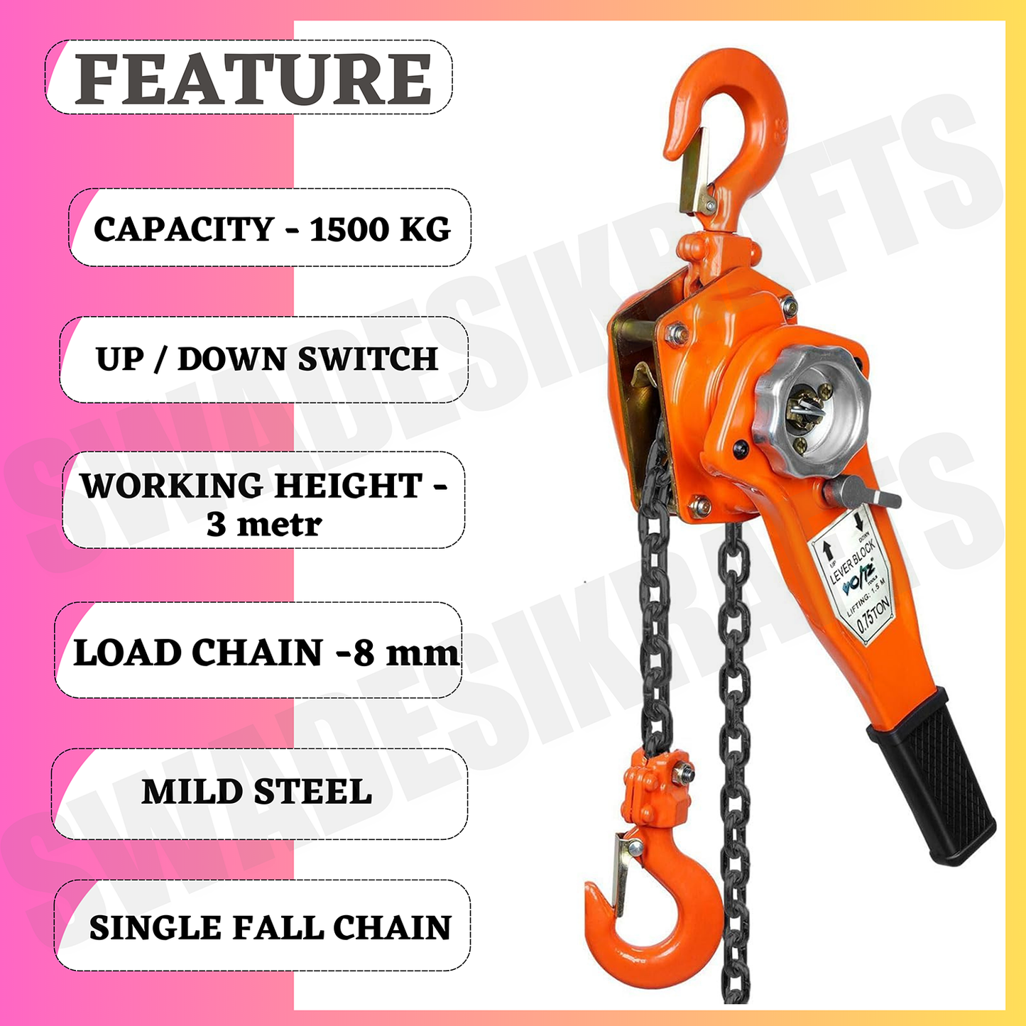 SWADESI KRAFTS Manual Ratchet Lever Hoist 1.5ton Capacity Heavy Duty Single Fall Working Height 3meter Load Chain 8mm Chain hoist Lever Block Ratchet Puller Hoist with Overload Material Movement hoist