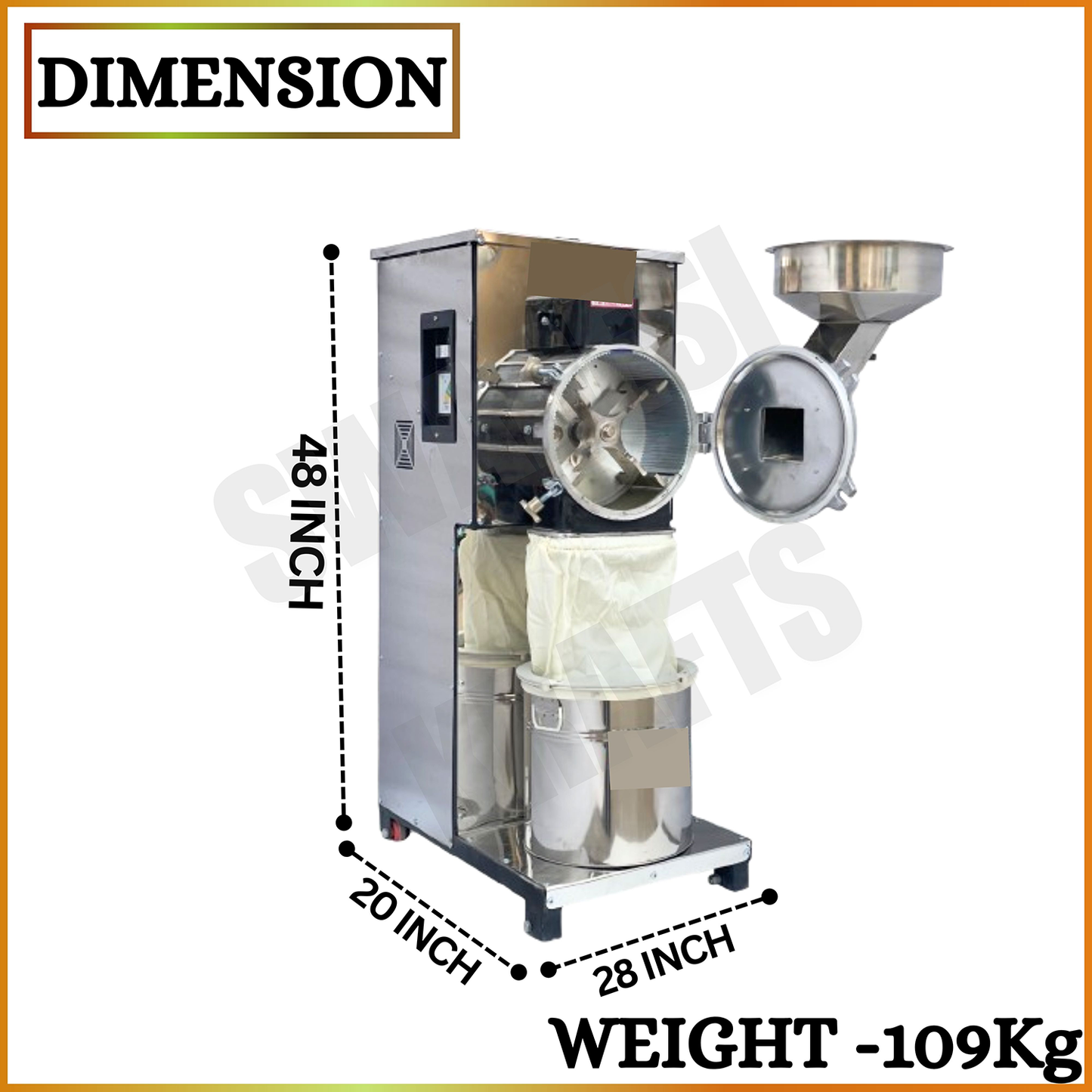 Swadesi Krafts Pulveriser Machine 5 Hp Stainless Steel Body with 5 Hp Motor Three Phase Pulveriser Machine Size 28”X20”X48” Inch (LXWXH) with 5 Jali Used for Mill Grains Like Wheat, Rice, and Spices