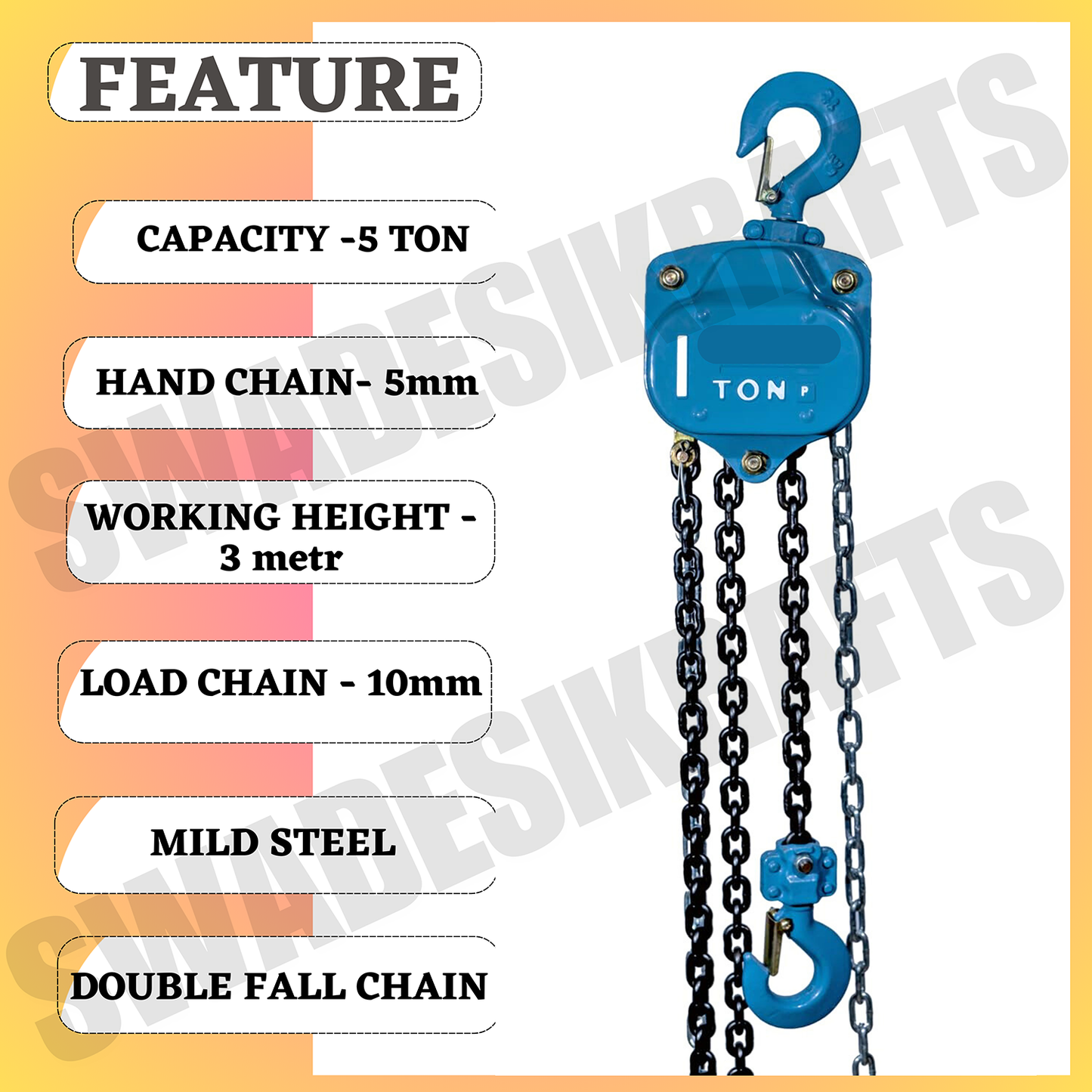 SWADESI KRAFTS P-Series Chain Pulley Block 5ton Capacity Heavy Duty Double Fall Working Height 3meter Manual Hand Chain 5mm Load Chain 10mm Chain Block For Material Movement Hand Operating Chain Block