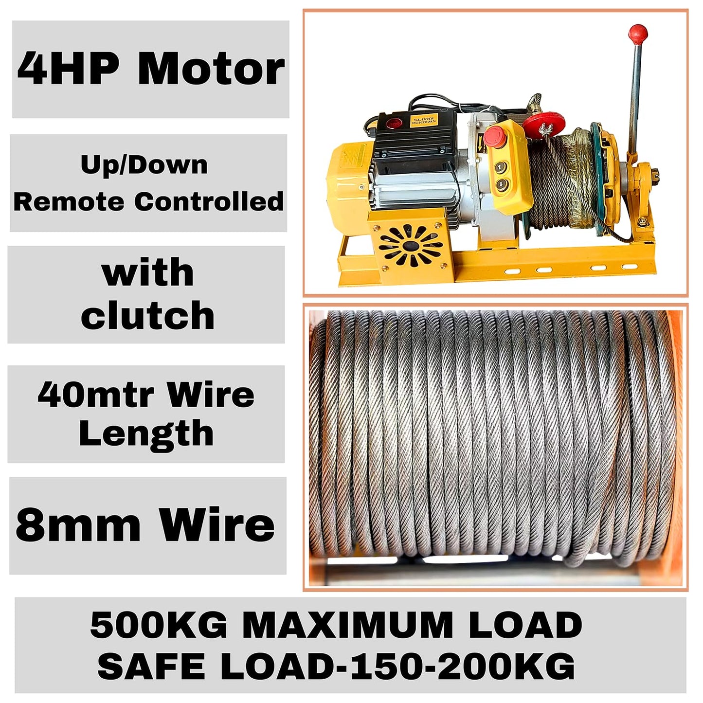 SWADESI KRAFTS 4HP Electric Motor of Mini Lifting Crane with cluch | 8mm Wire Thickness | 40 Meter Length of the Wire Mini Crane Motor Scale 500kg