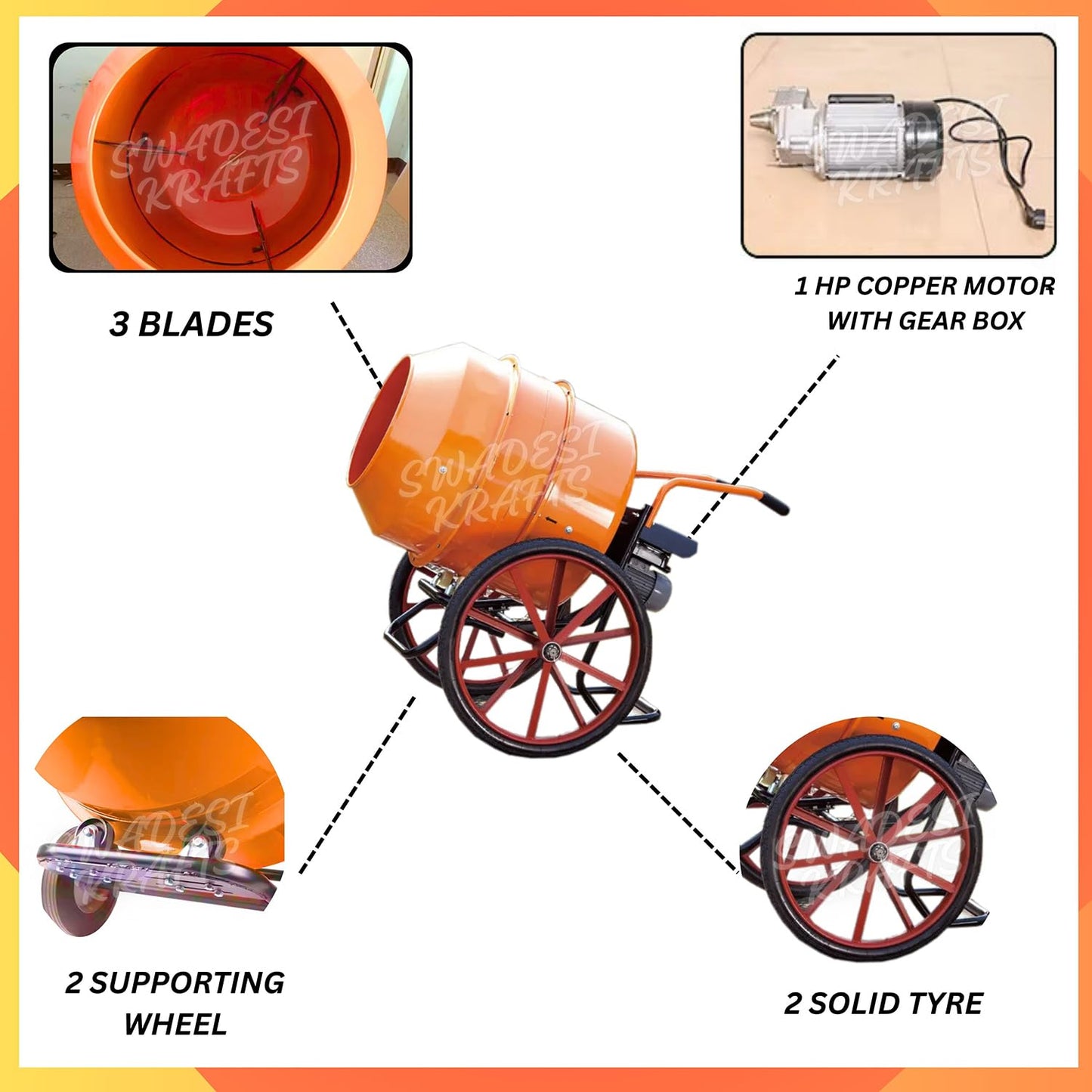 SWADESI KRAFTS Concrete Mixer Machine | Electric Concrete Mixture Machine (350ltr)- 1hp motor