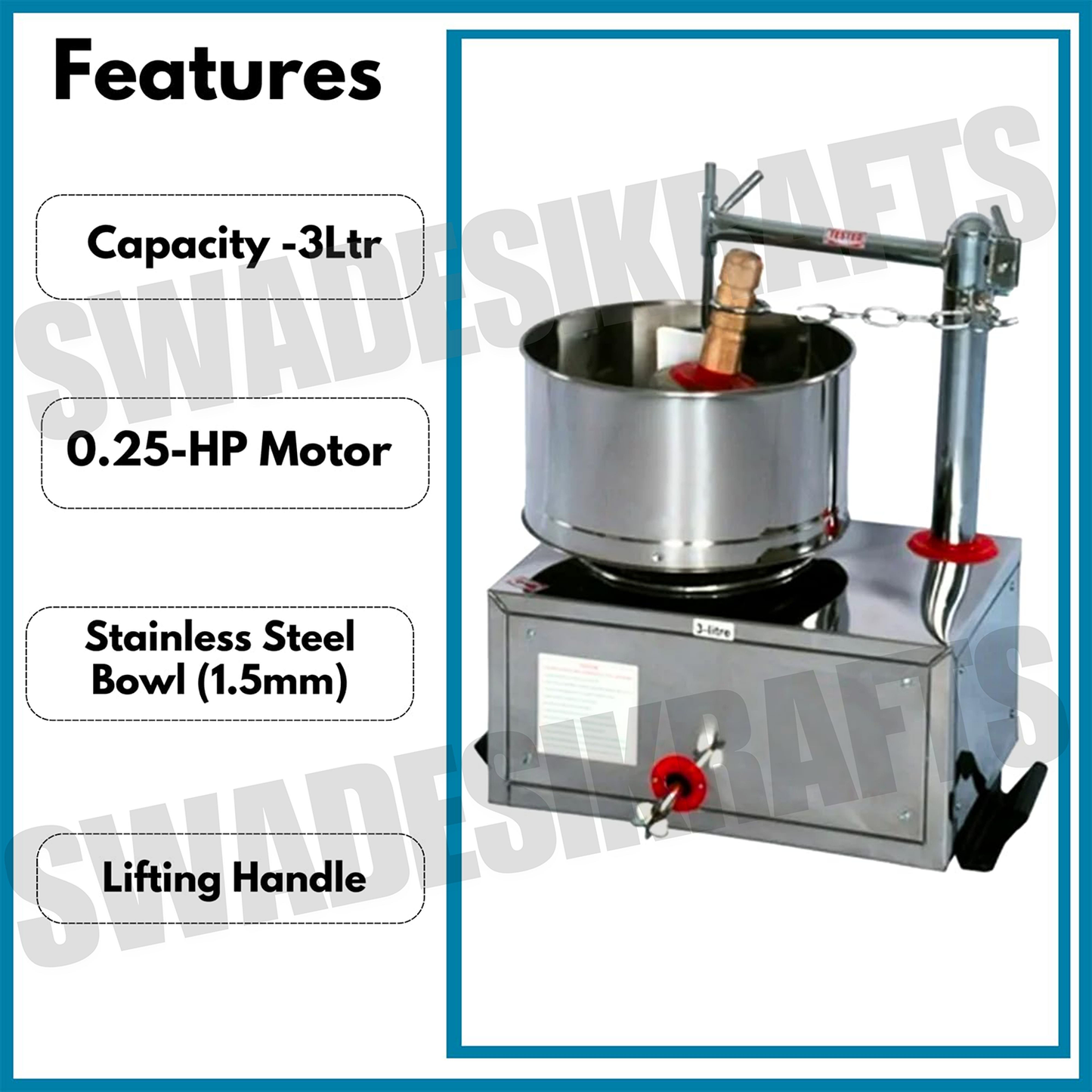 Swadesi Krafts 3ltr Stainless Steel Wet Grinder Machine with 0.25-Hp Motor for Kitchen | Hotel | Restaurant (Commercial Use Only) to Wet Dal, Rice, Dosa, Idle