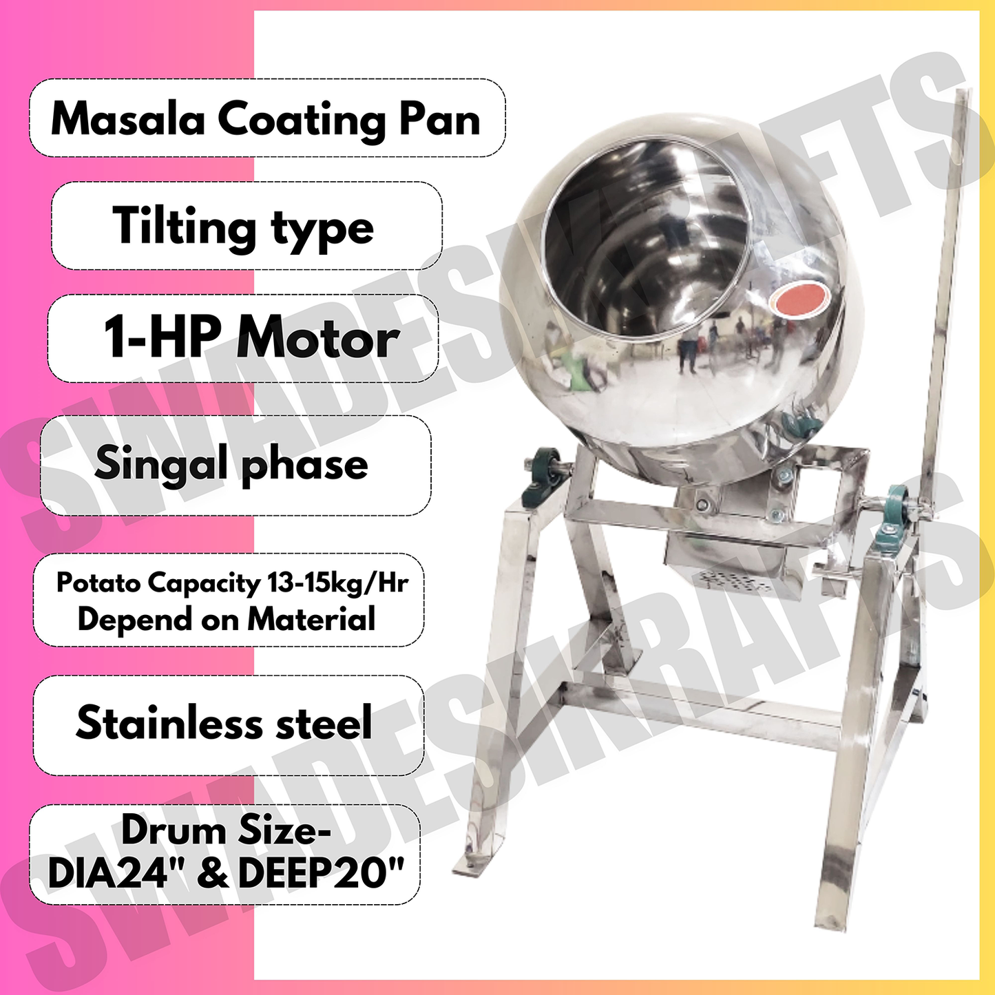 SWADESI KRAFTS Stainless-Steel Tilting Masala Coating Pan Machine With 1 Hp Motor | Chips Fryums Snacks Flavoring Machine D4