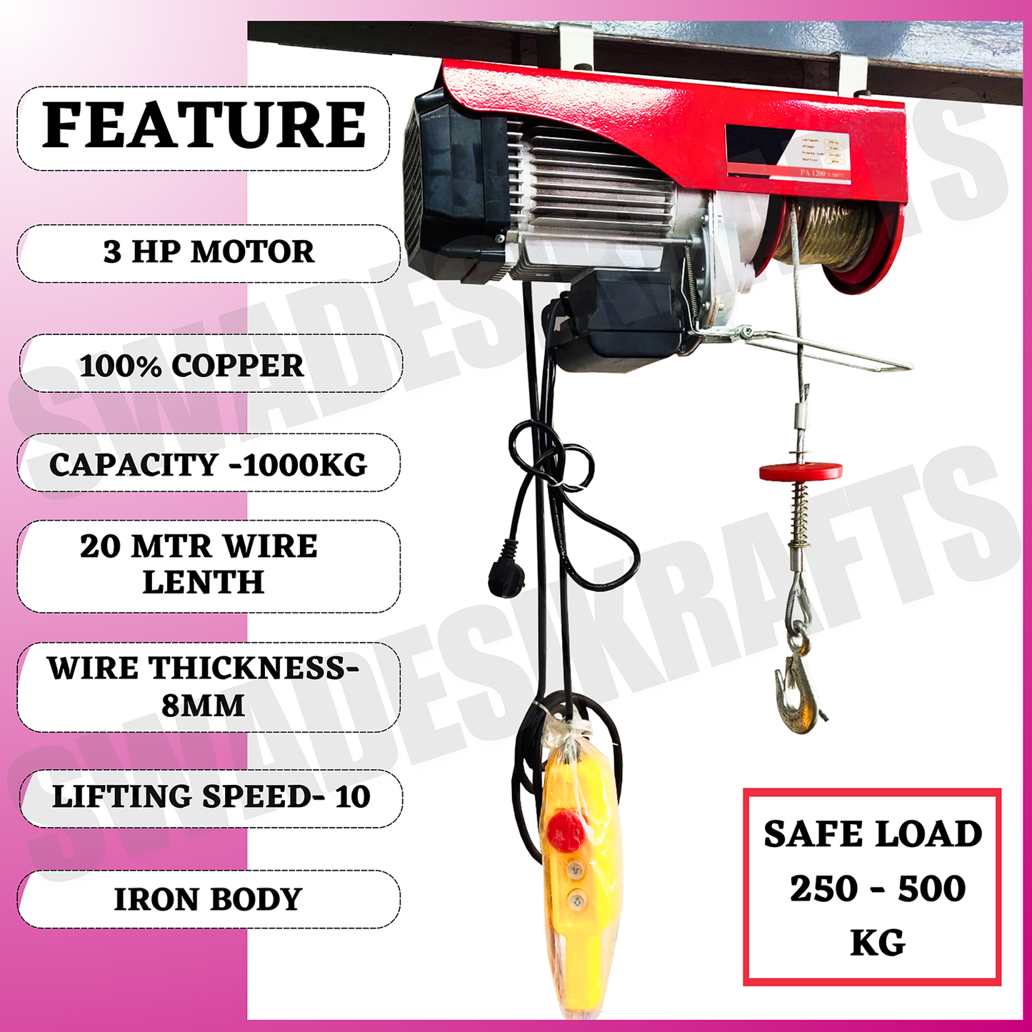SWADESI KRAFTS 3hp PA 1000kg 8mm 20 Mtr Mini Electric Hoist for Material Handling With Copper Motor Single Phase | 8mm Wire Thickness | 20 Meter Length of the Wire Winch Construction Mini Hoist