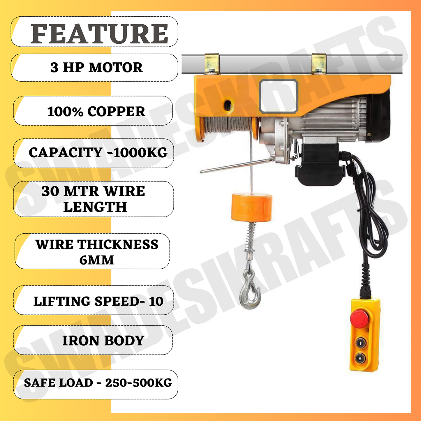 SWADESI KRAFTS 3hp PA 1000kg 30 Mtr 6mm wire Mini Electric Hoist for Heavy Material Handling With Copper Motor Single Phase | 6mm Wire Thickness | 30 meter wire Winch Construction Mini Hoist