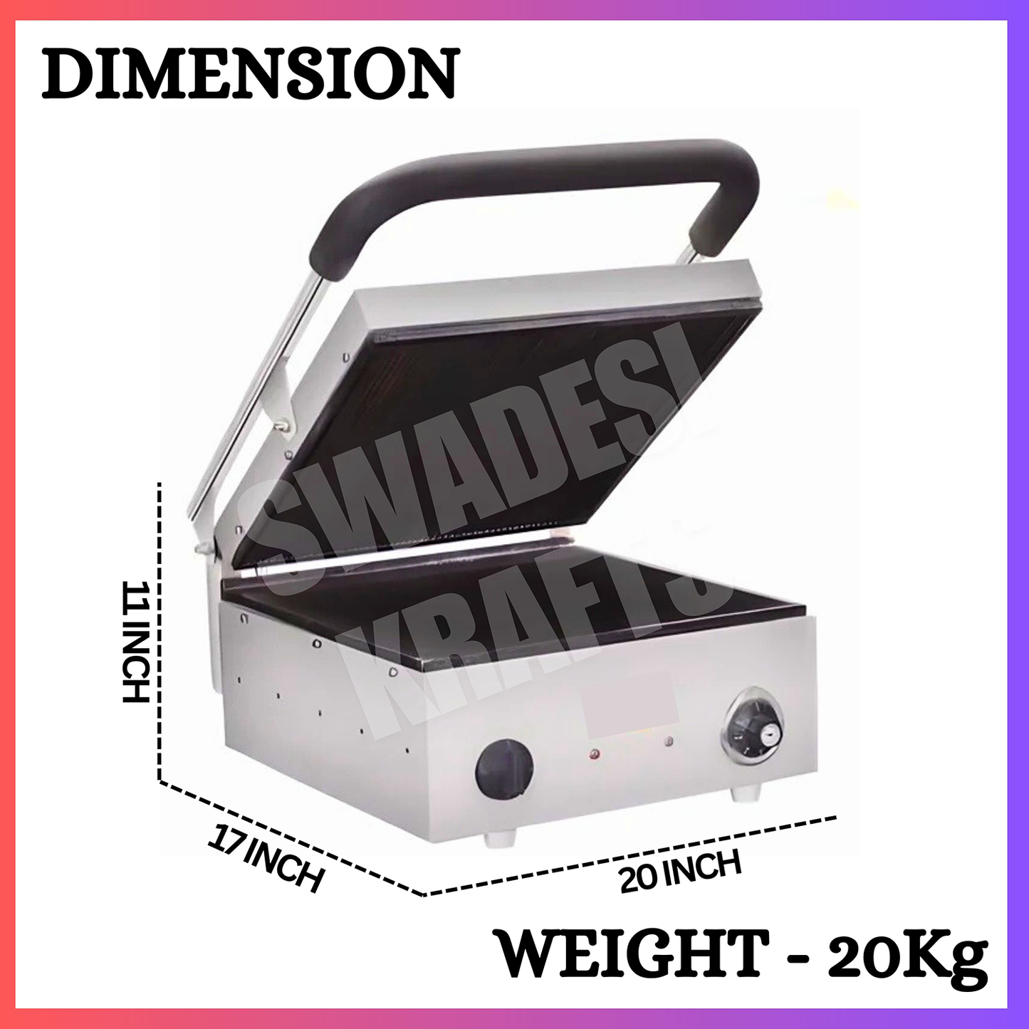 SWADESI KRAFTS Stainless Steel 202 Sandwich Griller Jumbo 1100-Watt 2 Heater| Jumbo Sandwich Grill Maker 16”X15” Inch 4pcs Sandwich | Size 20”X17”X11” Inch (LXWXH)