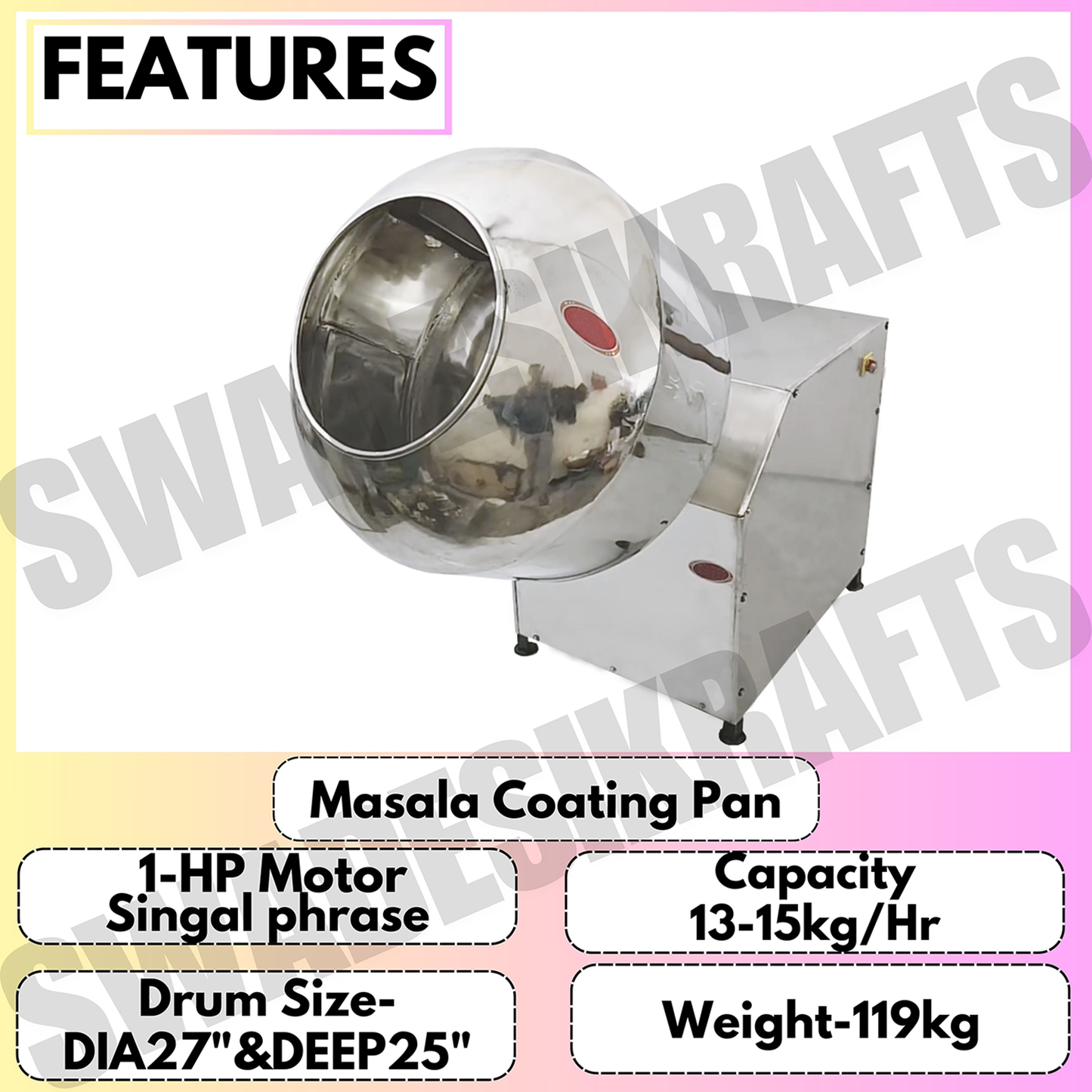 SWADESI KRAFTS Stainless-Steel Masala Coating Pan Machine With 1 Hp Motor | Chips Fryums Snacks Flavoring Machine D1