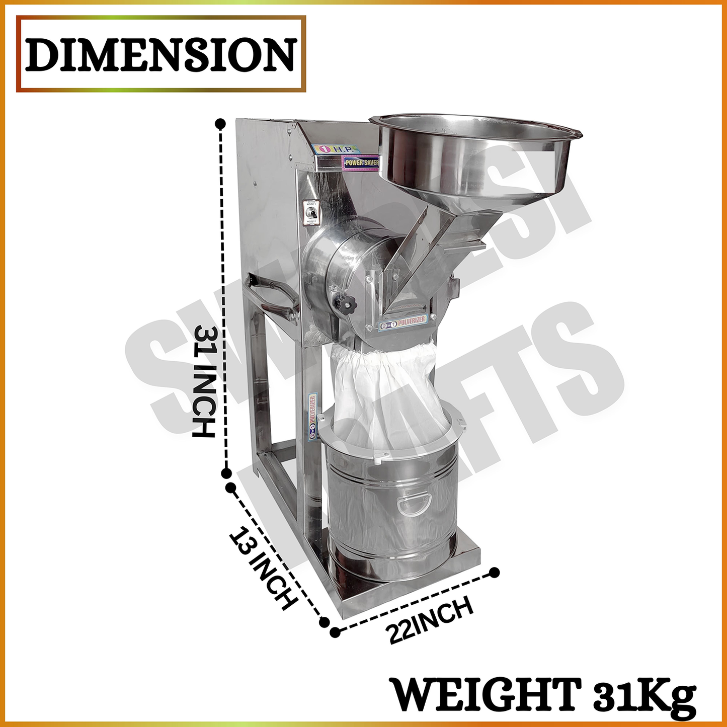 Swadesi Krafts Pulveriser Machine 1 Hp Stainless Steel Body with 1 Hp Motor Single Phase Pulveriser Machine Size 22”X13”X31” Inch (LXWXH) with 5 Jali Used for Mill Grains Like Wheat, Rice, and Spices