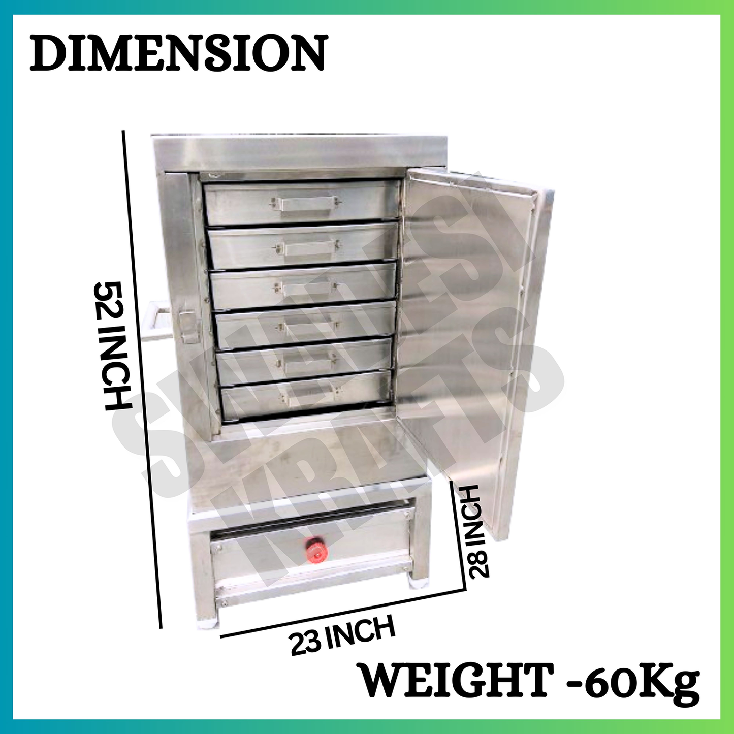 SWADESI KRAFTS khaman dhokla maker commercial stainless-steel body with 6 tray size 18x18x2.5-inch khaman dhokla machine size 23x28x52-inch (LXWXH) used For prepare steamed dhokla, khaman.