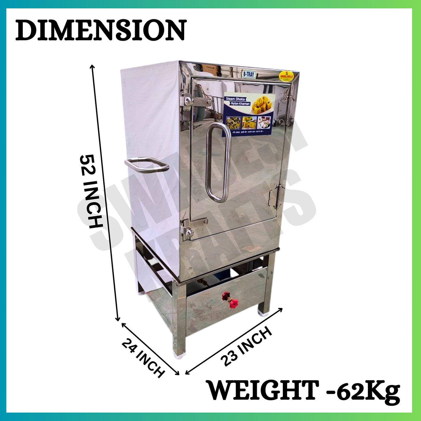 SWADESI KRAFTS Commercial Dhokla Maker with Steamer Stainless Steel Body With 12 Tray Size 14x18x1.25-Inch Idli Making Machine Commercial Size 23x24x52-Inch (LXWXH) Used For Idli and Dhokla Steamers