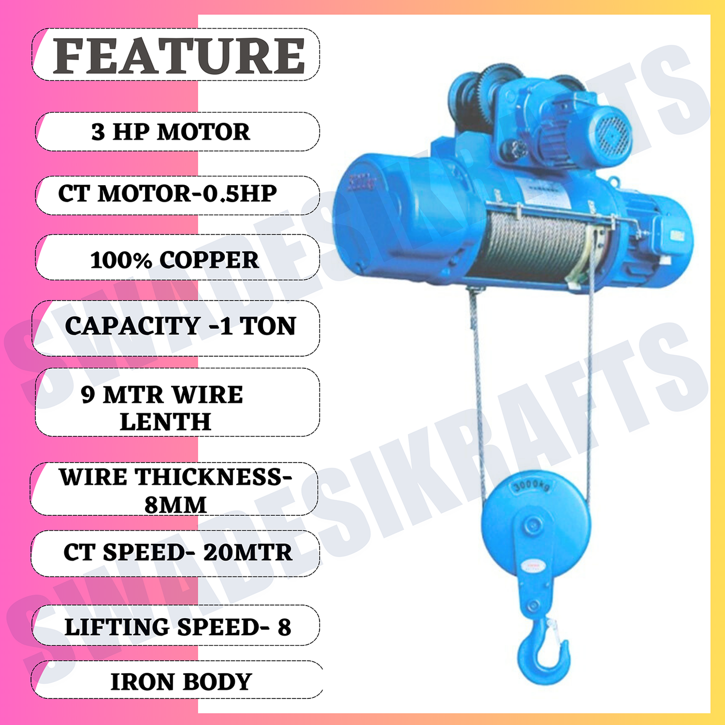 SWADESI KRAFTS CD 1Ton 8mm 9Mtr Wire Rope Hoist for Material Handling 3hp Main Motor three Phase | Winch Construction Mini Hoist 100% CT Copper Motor 0.5HP (Left & Right AND Up & Down)