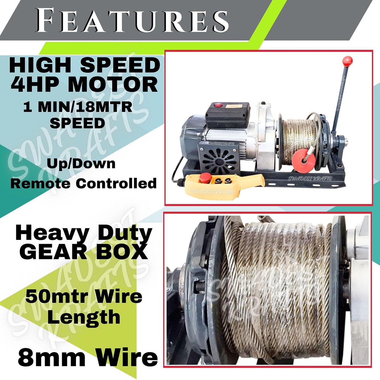 High Speed 4HP Single Phase Electric Motor of Mini Lifting Crane with cluch | 8mm Wire Thickness | 50 Meter Length of the Wire Mini Crane Motor Scale 500kg