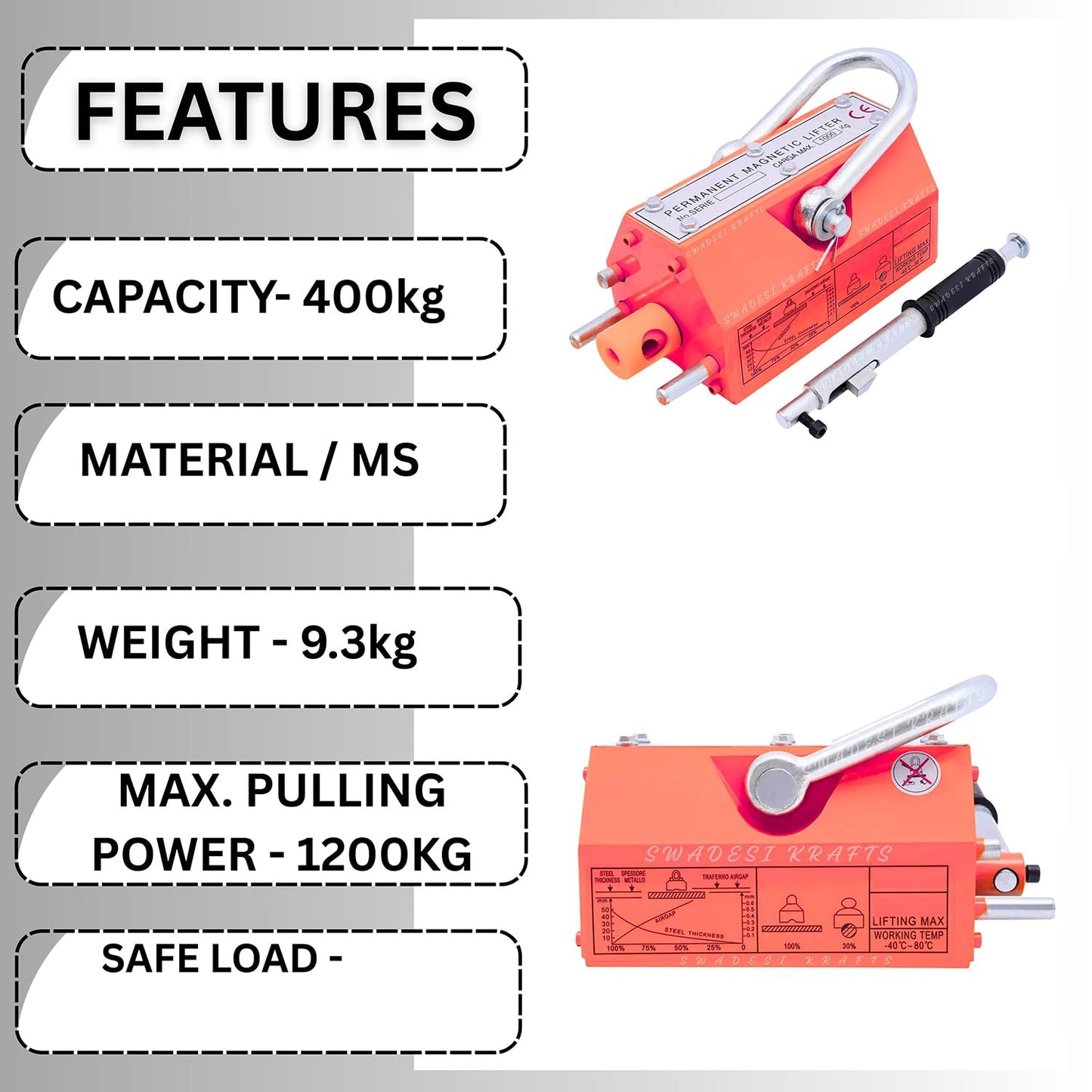 Heavy Duty Permanent Magnet Lifter Capacity 400 kg Height 92mm x length195mm x bottom95mm and the Magnet Lifting Hoist for Steel Plate with MS material for magnet lifter weight 9.3kg