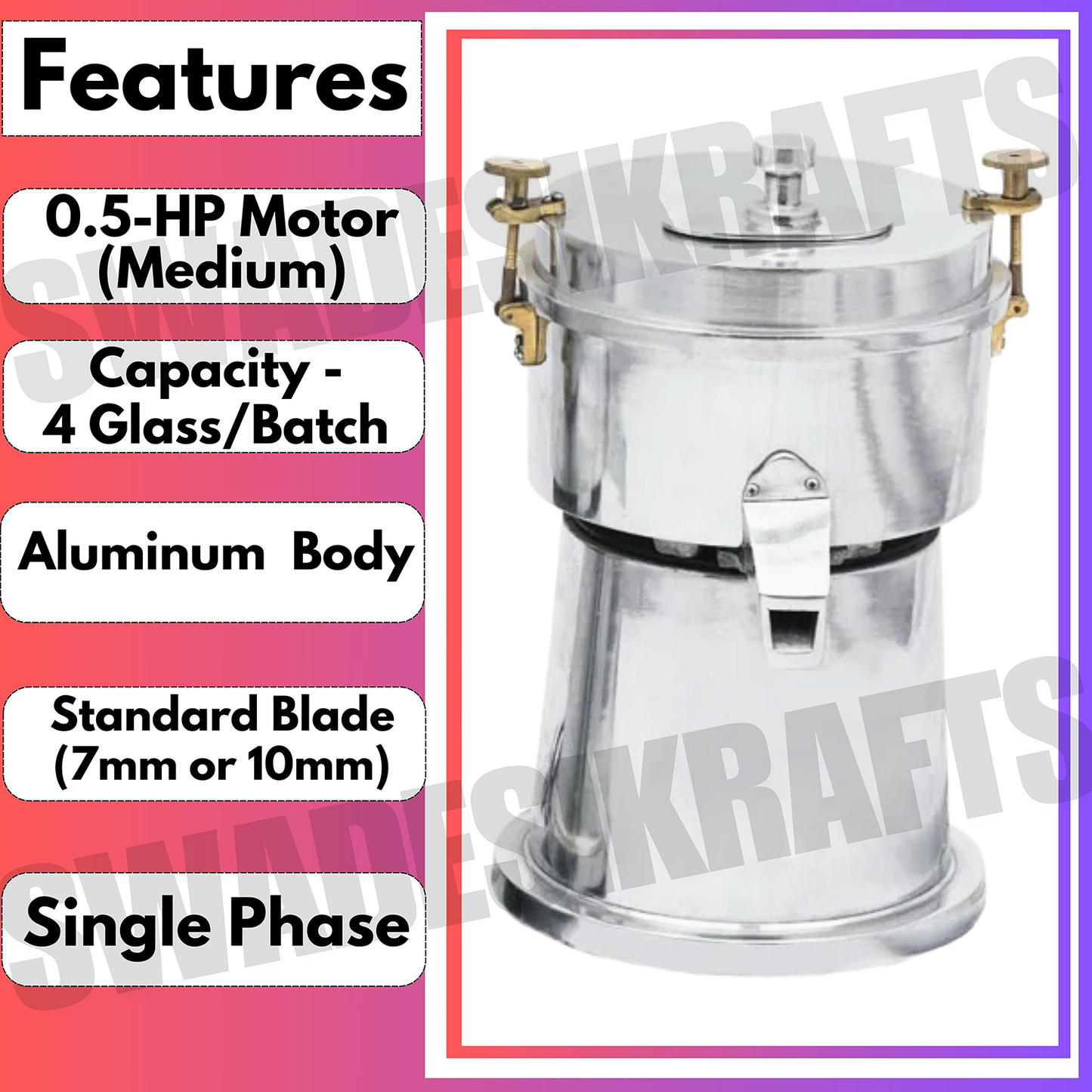 SWADESI KRAFTS Aluminium Carrot Juicer Machine Electric With 0.25-Hp Motor | Vegetable Juicer Machine For Home Capacity Is 4 Glass/Batch (medium)