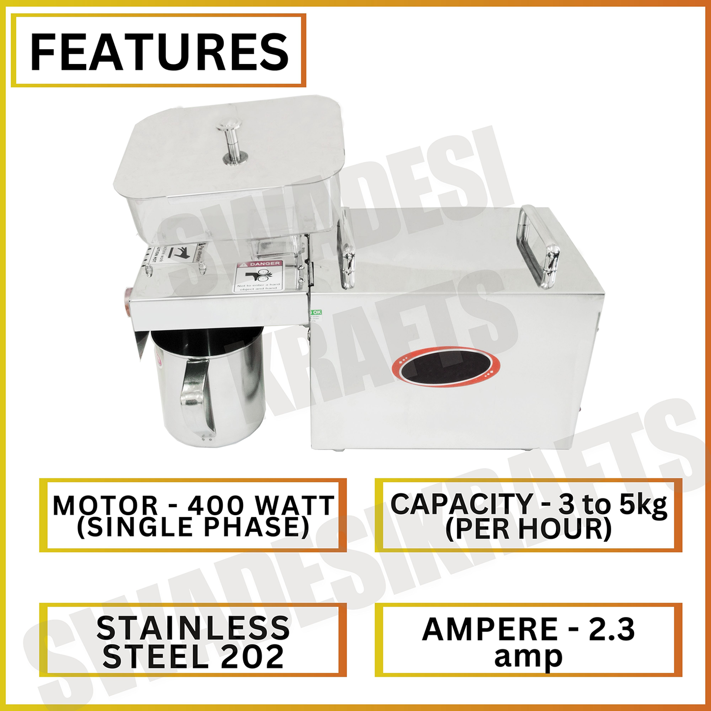 SWADESI KRAFTS Oil Pressing Machine Stainless Steel 202 Body 400-Watt Motor Single Phase Oil Pressing Machine for Home Size 18”X7”X13” Inch (LXWXH) Used for Pressing of Peanut, Almond Oil