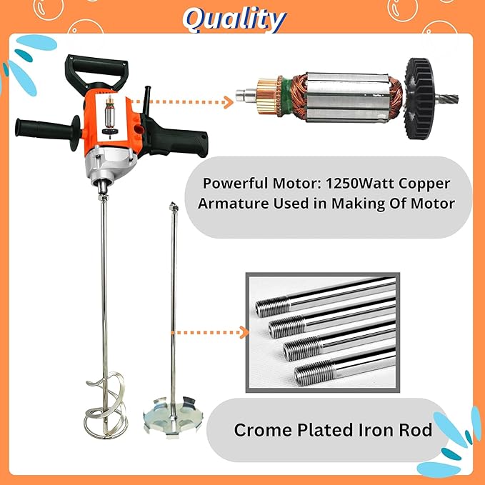 Swadesi krafts putty mixing machine blends mixture quickly and removes lumps paint mixer for painter, 1250 watt copper winded motor and crome-plated iron rod with paint mixing rod