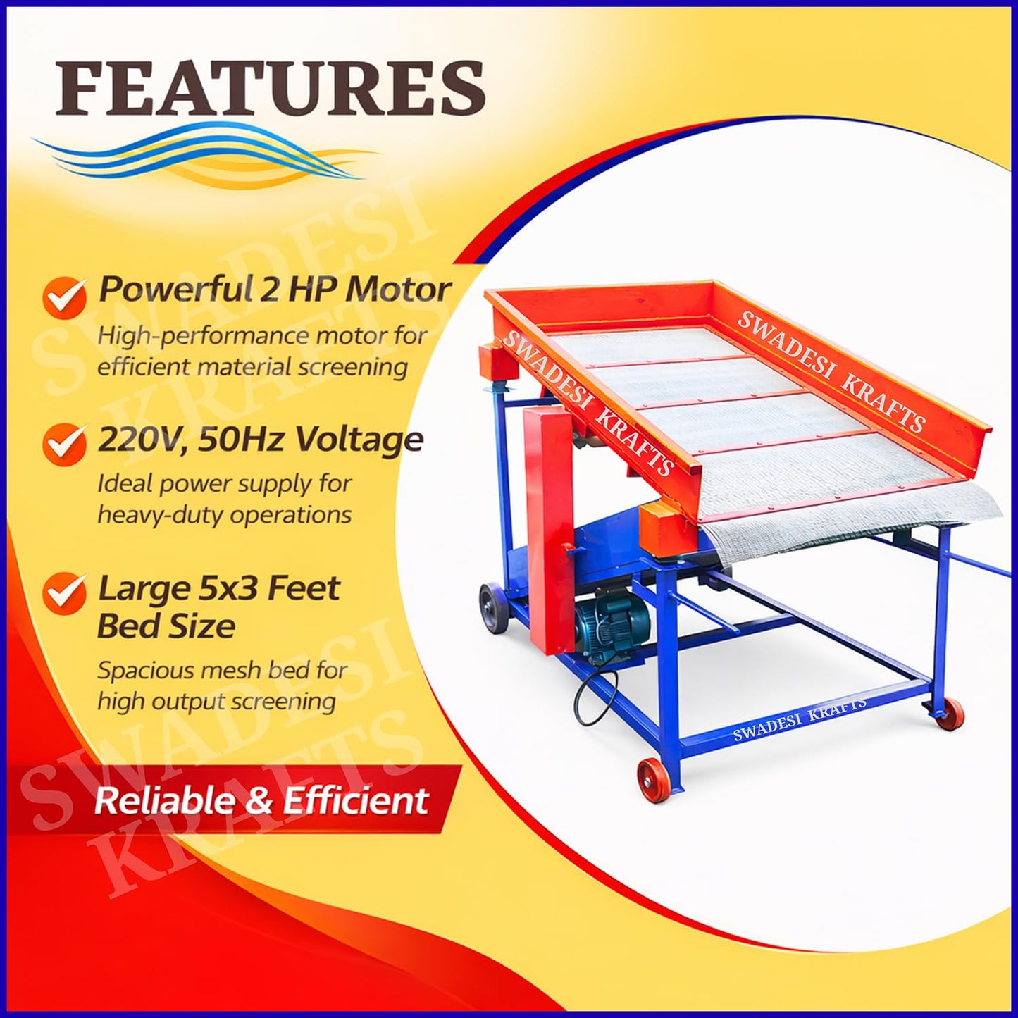 Electric Sand Sieving Machine with 2 HP Motor, 220V Vibrating Sand Separator, 5×3 Feet Sieving Bed, Heavy Duty Mild Steel Construction Sand Screening Machine for Construction Work