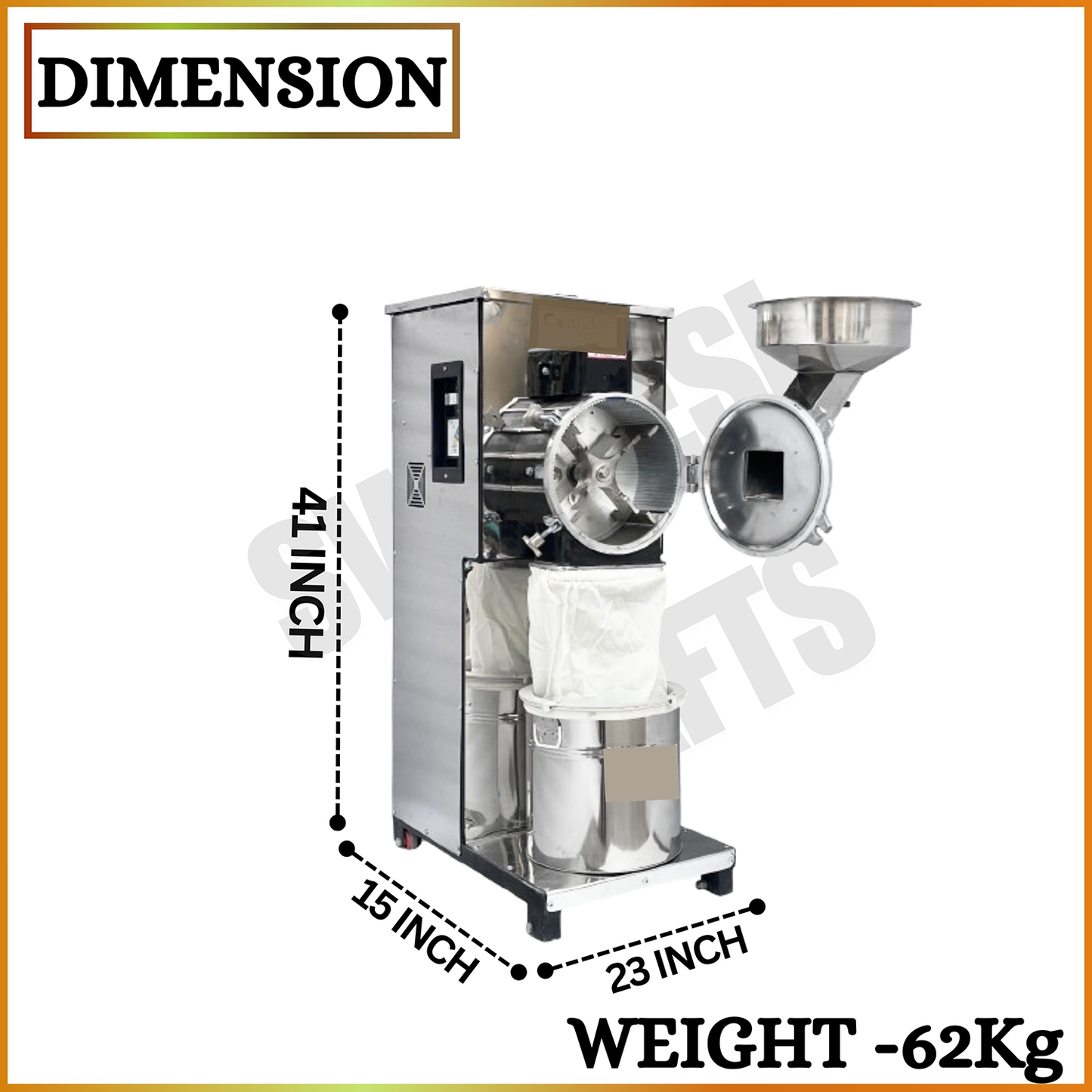 Swadesi Krafts Pulveriser Machine 3 Hp Stainless Steel Body with 3 Hp Motor Single Phase Pulveriser Machine Size 23”X15”X41” Inch (LXWXH) with 5 Jali Used for Mill Grains Like Wheat, Rice, and Spices