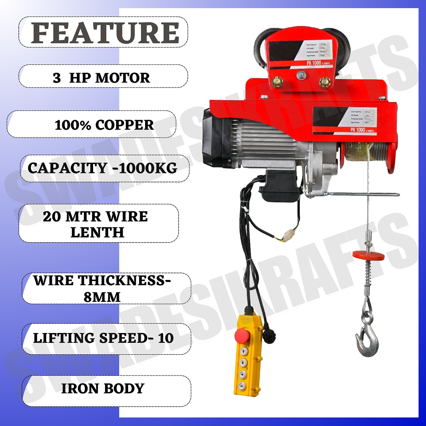SWADESI KRAFTS PA1000kg 8mm 20Mtr Mini Electric Hoist for Material Handling 3hp Motor Single Phase | Winch Construction Mini Hoist 100% Copper Motor (Left & Right AND Up & Down)