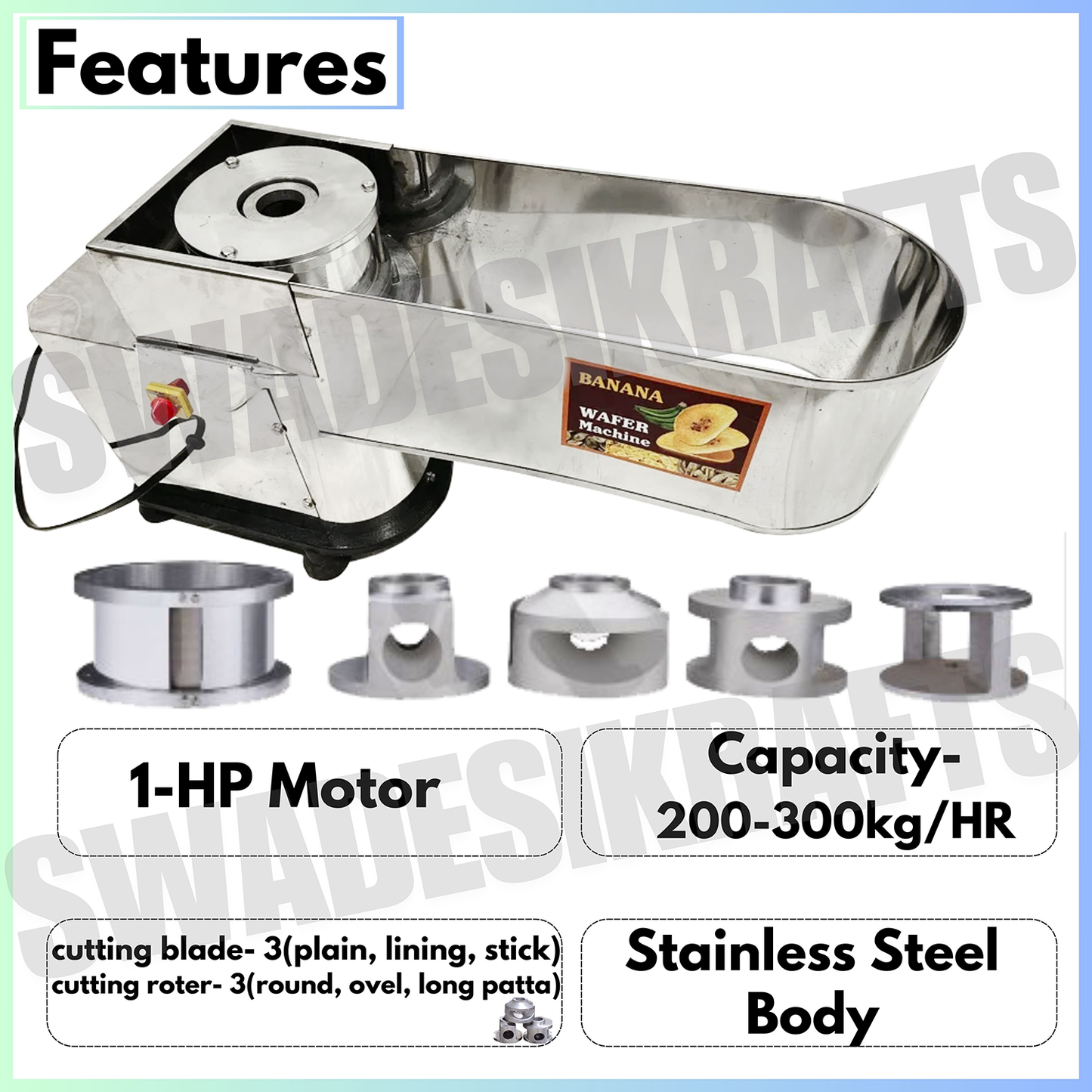 SWADESI KRAFTS 2in 1 Automatic Banana & Potato Slicer Machine for Chips | Stainless Steel Banana Chips Cutter Machine Electric Comes with 1HP Motor & 5 Die (Round, oval, & long patta) A2