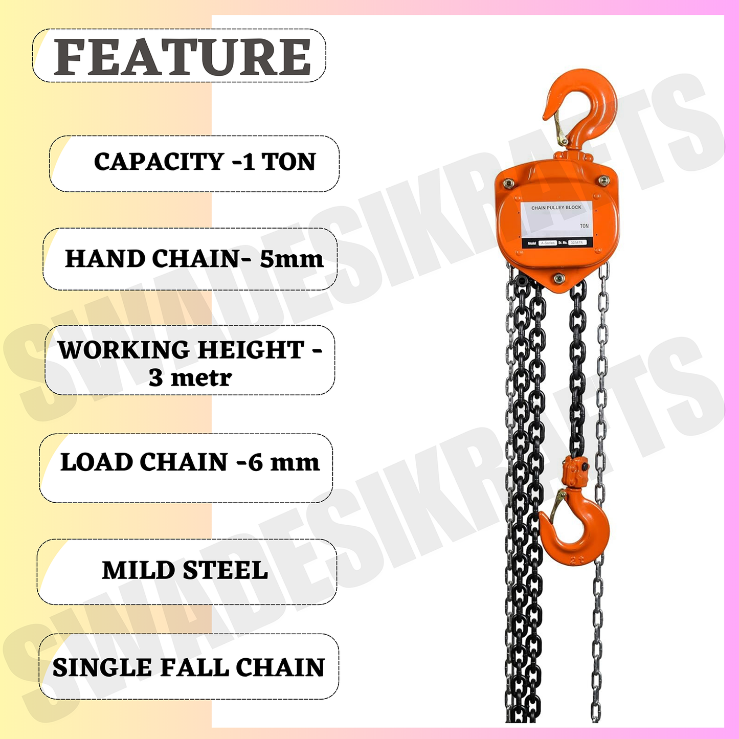 SWADESI KRAFTS VT-Series Chain Pulley Block 1ton Capacity Heavy Duty Single Fall Working Height 3meter Manual Hand Chain 5mm Load Chain 6mm Chain Block For Material Movement Hand Operating Chain Block