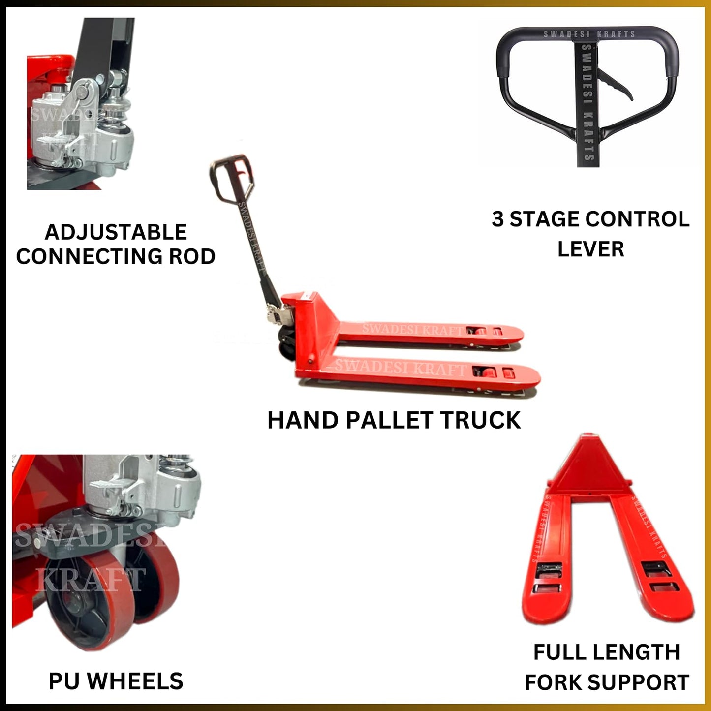 SWADESI KRAFTS Manual Mild Steel Hand Pallet Truck up to 3 Ton (3000kg) Manual Forklift P.U Wheel| Fork Length 1200mm X 685mm X 200mm is Used to Lift and Move Heavy Loads